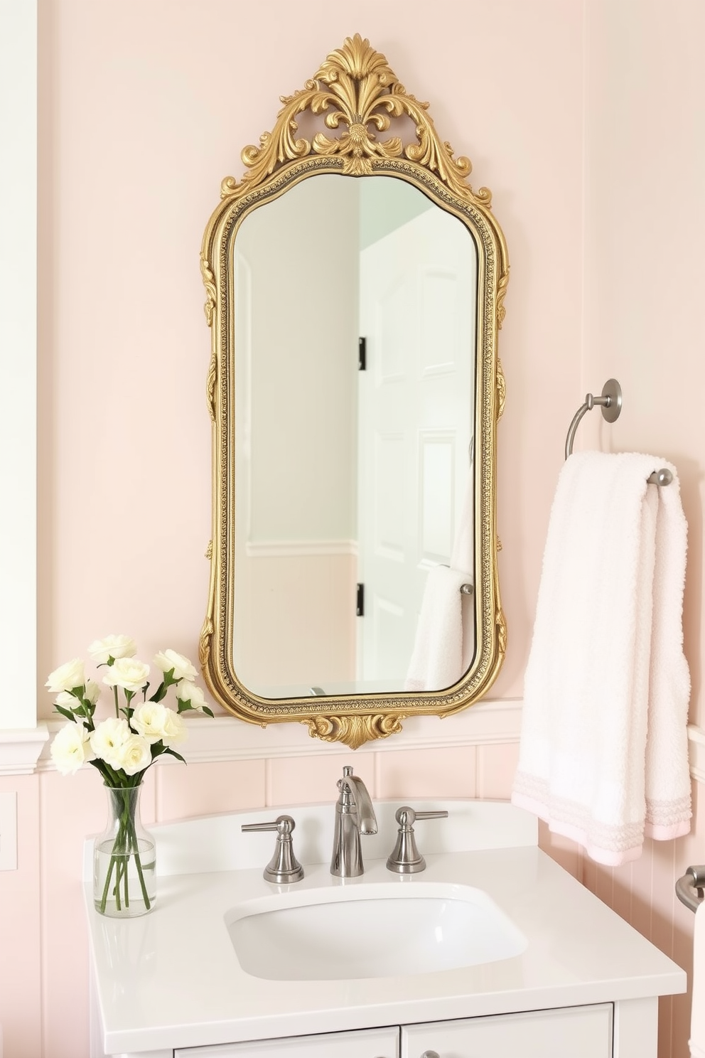 Create a serene spring bathroom setting featuring a vintage mirror with an ornate frame hanging above a sleek white vanity. Soft pastel colors adorn the walls, complemented by fresh flowers in a vase and fluffy towels neatly arranged on a rack.