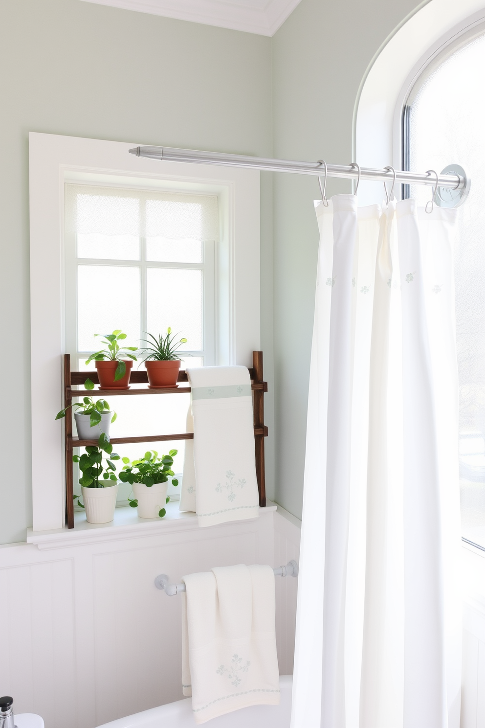 A bright and airy spring bathroom setting featuring a decorative shower curtain rod adorned with delicate floral patterns. The walls are painted in a soft pastel hue, and light streams in through a frosted window, illuminating the space. A charming shower curtain drapes gracefully from the rod, complemented by matching towels hanging neatly on a rustic wooden rack. Potted plants sit on the windowsill, adding a touch of greenery and freshness to the overall decor.