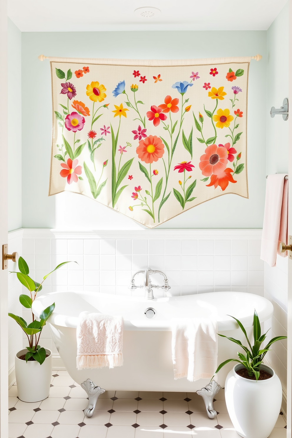 A bright and airy bathroom adorned with a fabric banner featuring vibrant spring motifs. The banner hangs gracefully above a stylish bathtub surrounded by potted plants and soft pastel towels.