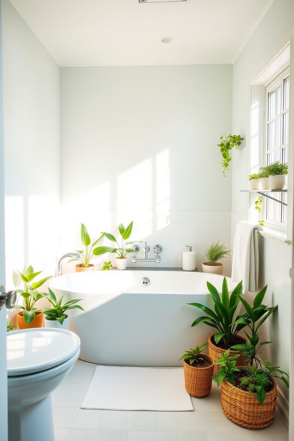 A bright and airy bathroom filled with natural light. The space features a sleek white bathtub surrounded by potted plants in various sizes, adding a touch of greenery. Soft pastel colors dominate the walls, creating a serene atmosphere. Decorative shelves display stylish towels and small planters, enhancing the spring decor theme.