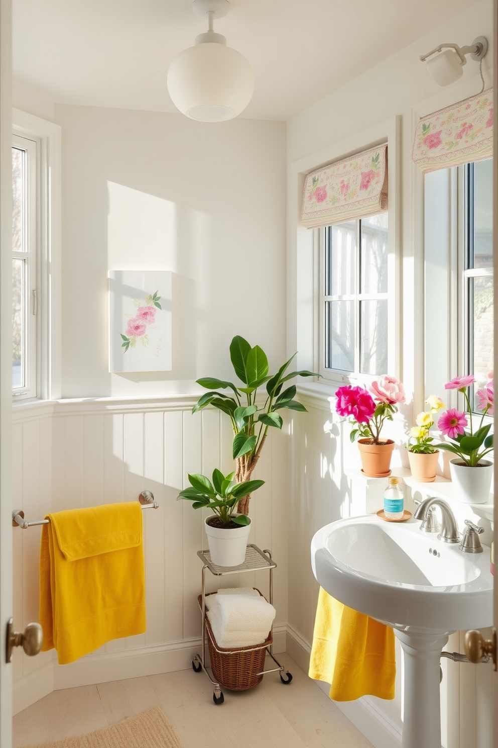 A refreshing spring bathroom features walls painted in soft pastel colors like light blue and pale yellow. Natural light floods the space through a large window adorned with sheer white curtains, creating a bright and airy atmosphere. The decor includes fresh green plants placed on floating shelves and a white freestanding tub surrounded by elegant candles. A plush white rug adds warmth to the floor, while decorative accents in light wood complete the serene look.