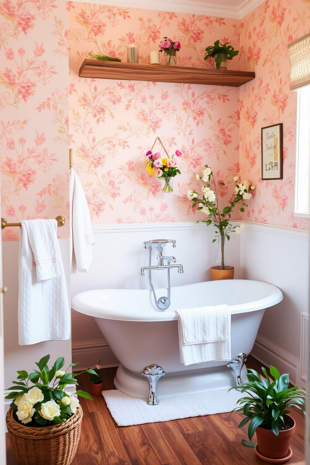 A serene bathroom atmosphere infused with a soft pink and yellow color palette. The walls are adorned with delicate floral wallpaper featuring pastel hues, while the accents include fluffy towels and decorative accessories in complementary shades. A freestanding bathtub sits elegantly in the corner, surrounded by potted plants that bring a touch of nature indoors. A rustic wooden shelf above the tub holds scented candles and a small vase of fresh flowers, enhancing the springtime charm.