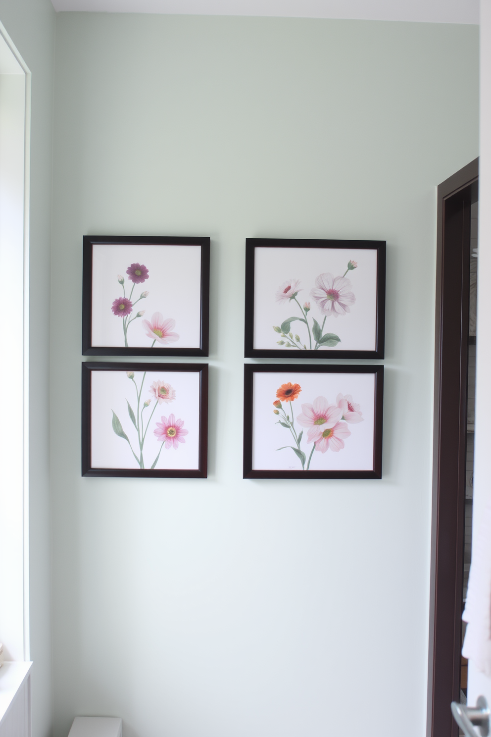 A serene bathroom filled with natural light. Potted plants of various sizes are strategically placed on shelves and the windowsill, adding a touch of greenery to the space. The walls are painted in a soft pastel color to evoke a fresh spring vibe. A plush white rug lies on the floor, complementing the vibrant greens of the plants and enhancing the overall tranquility of the room.