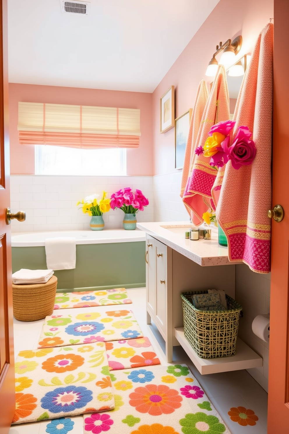 A vibrant spring bathroom setting filled with colorful accents. The floor is adorned with lively patterned bath mats that bring energy to the space. Fresh floral arrangements in bright hues are placed on the countertop, enhancing the cheerful atmosphere. Soft, fluffy towels in coordinating colors hang neatly on the towel rack, inviting warmth and comfort.