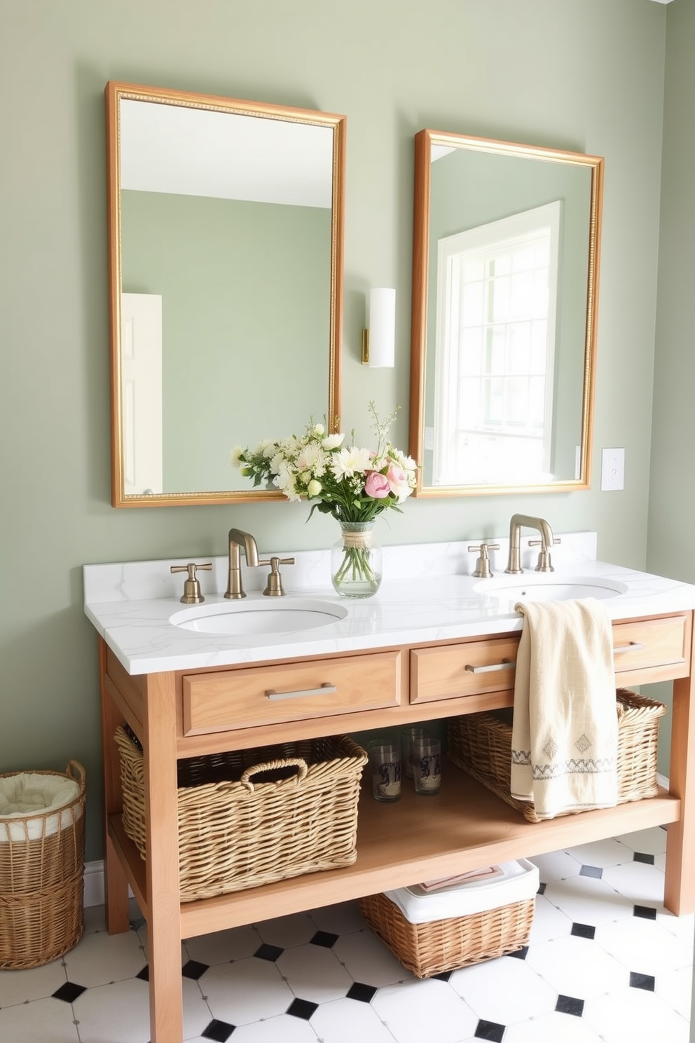 A charming spring bathroom setting features a wooden vanity with a marble countertop and two sinks installed. Above the countertop, two rectangular mirrors with gold frames hang side by side, reflecting the soft light. The walls are painted in a muted green shade, enhancing the serene atmosphere. Wicker baskets are placed beneath the vanity for storage and charm, adding a rustic touch to the design. The floor showcases a white and black patterned tile that complements the overall aesthetic. A decorative vase filled with fresh flowers sits on the countertop, while a beige towel hangs from one of the sink faucets.