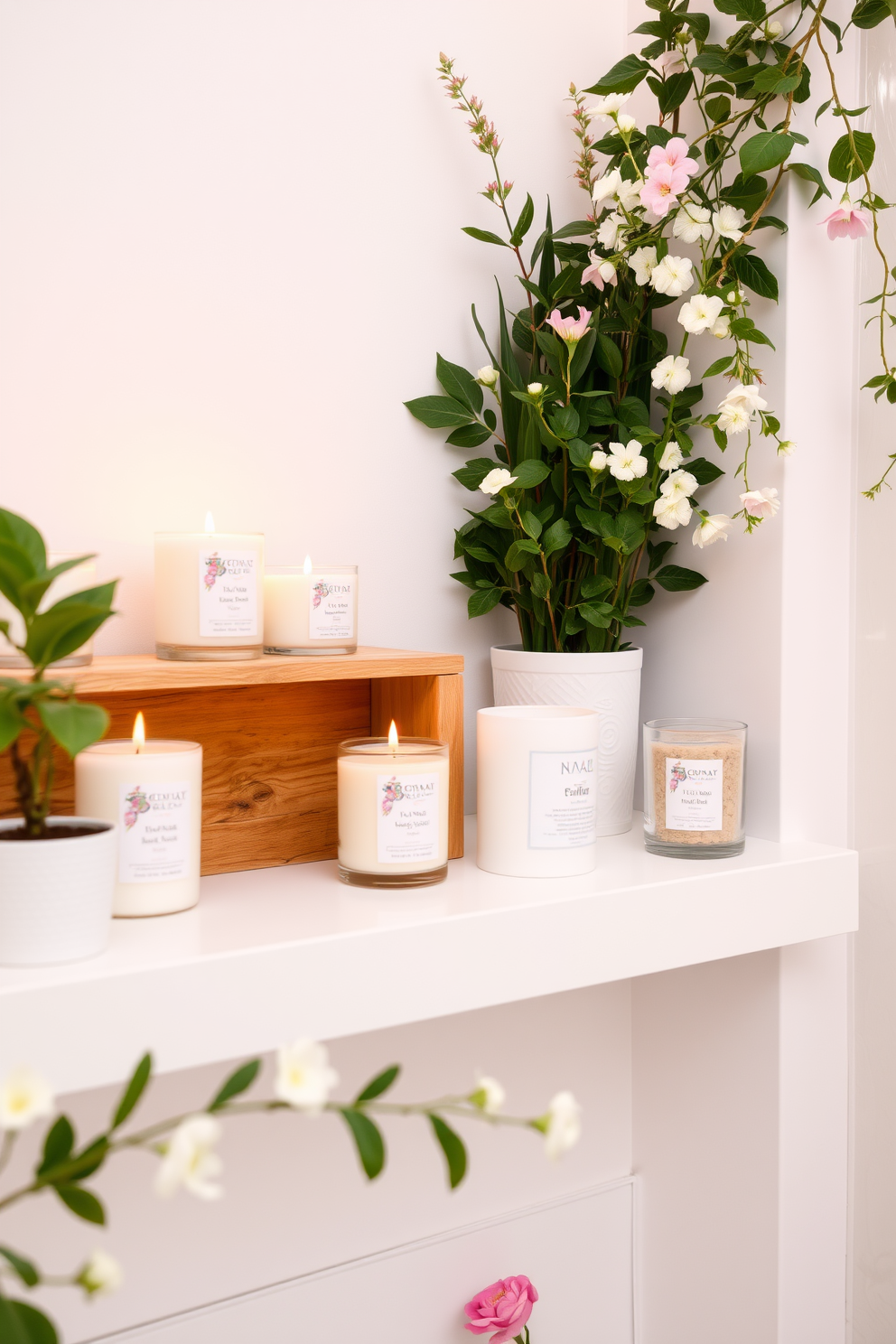 A serene spring bathroom retreat featuring scented candles with floral fragrances arranged on a wooden shelf. Soft pastel colors adorn the walls, complemented by lush green plants and delicate floral accents throughout the space.