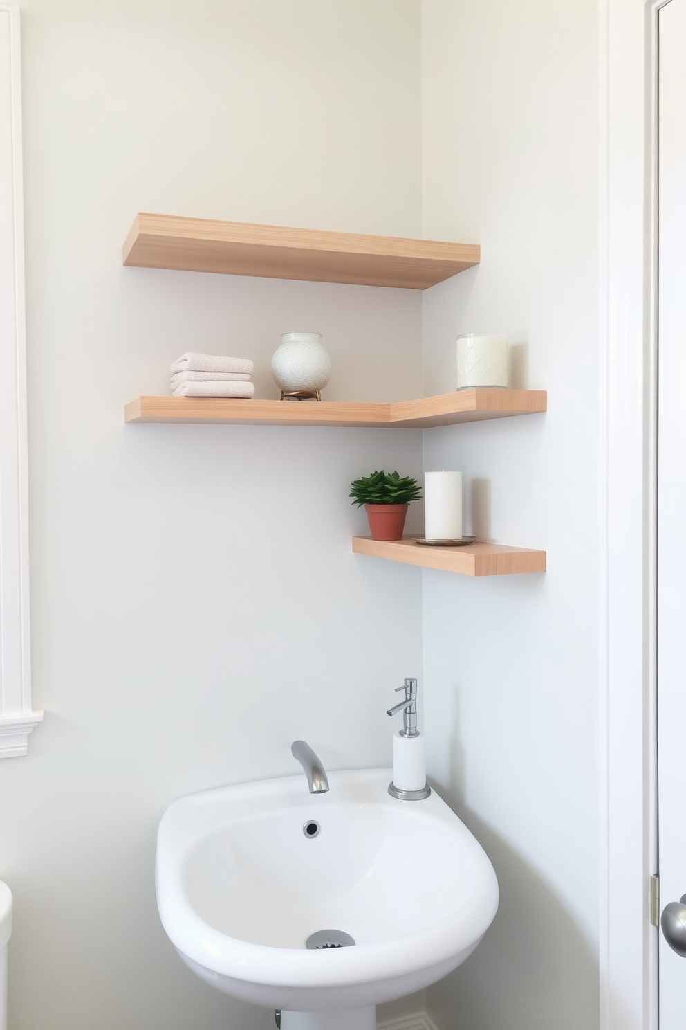 A serene bathroom adorned with floating shelves that showcase decorative items. The shelves are crafted from light wood and are neatly arranged above a stylish sink area, enhancing the overall aesthetic. The walls are painted in a soft pastel hue, creating a fresh and inviting atmosphere. A few potted plants and elegant candles are placed on the shelves, adding a touch of spring charm to the space.