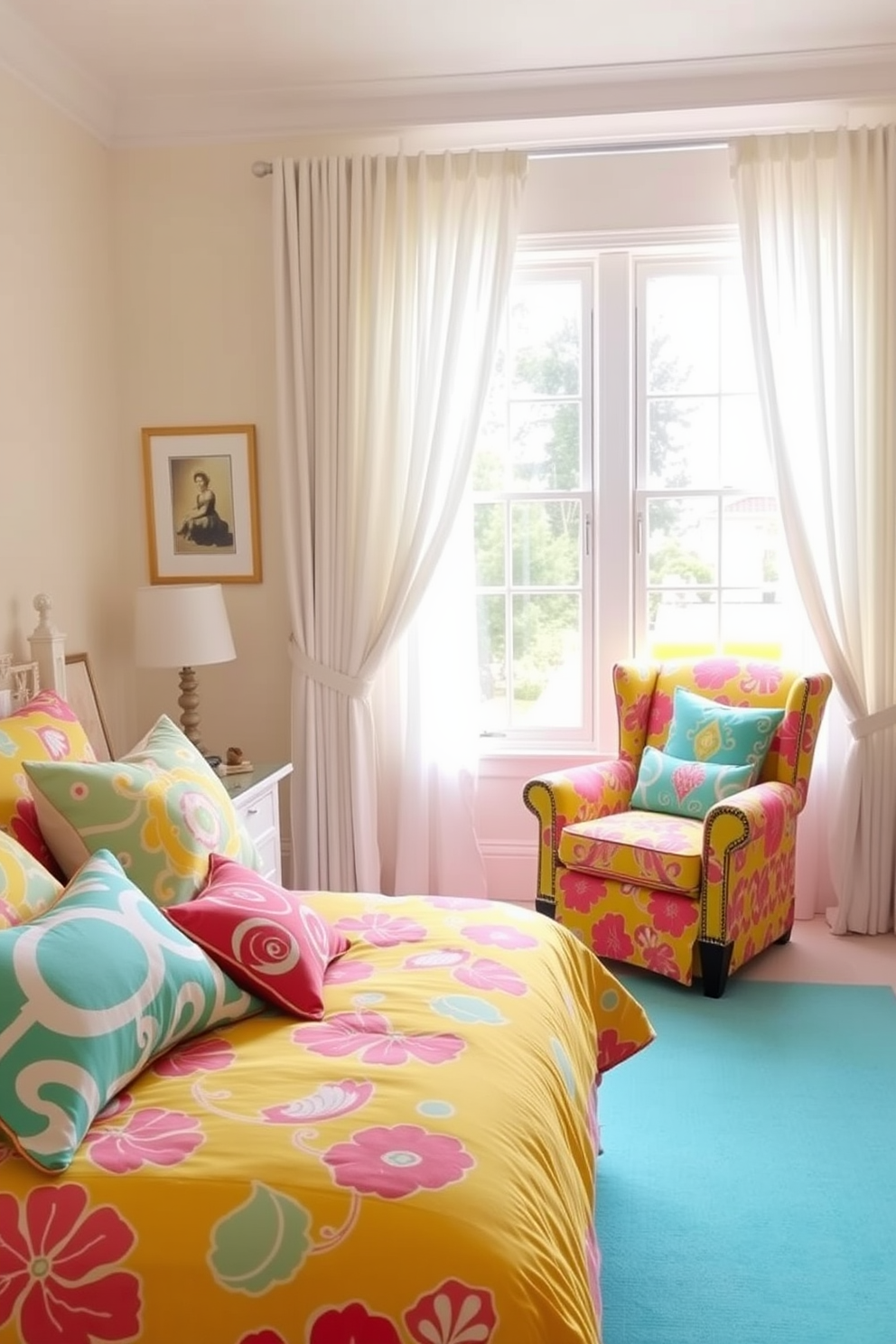 A serene bedroom setting with a colorful quilt hung at the foot of the bed. The walls are painted in soft pastel shades, and natural light streams in through sheer curtains, creating a warm and inviting atmosphere. A wooden bed frame holds a plush mattress adorned with crisp white linens. Decorative pillows in various patterns and colors add a touch of vibrancy and comfort to the overall design.