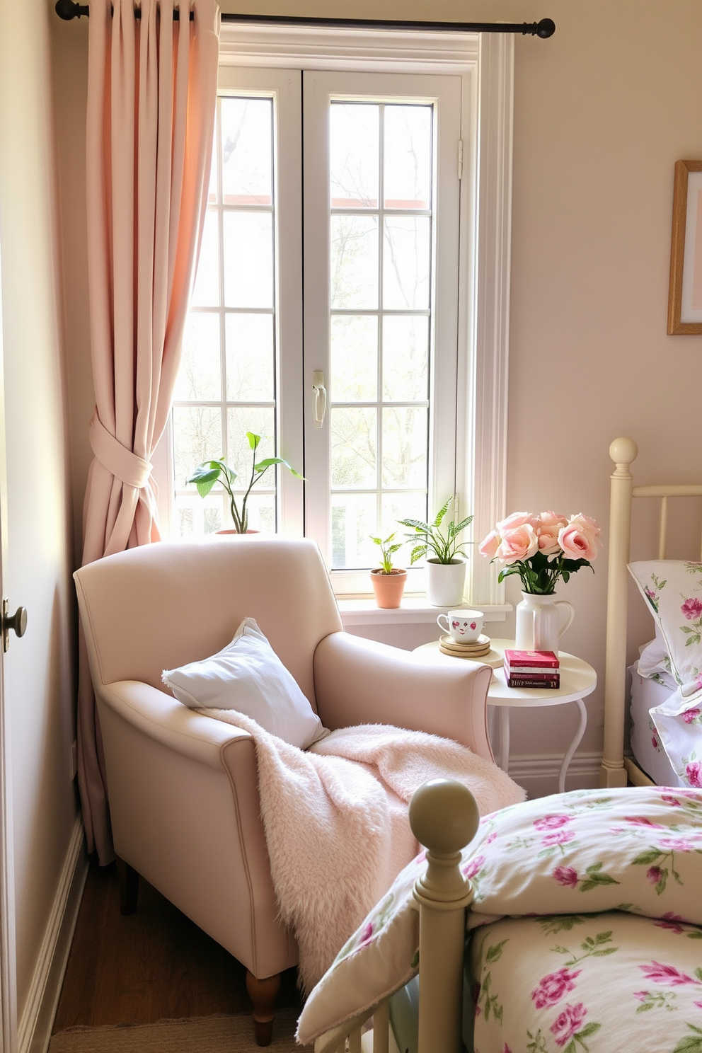 A cozy reading nook by the window features a plush armchair upholstered in soft pastel fabric, positioned to capture the natural light. A small side table holds a stack of books and a steaming cup of tea, while a fluffy throw blanket drapes over the armchair for added warmth. The bedroom is decorated with fresh spring colors, including soft pinks and greens, creating a serene atmosphere. Floral-patterned bedding complements the decor, and potted plants are placed on the windowsill to bring a touch of nature indoors.