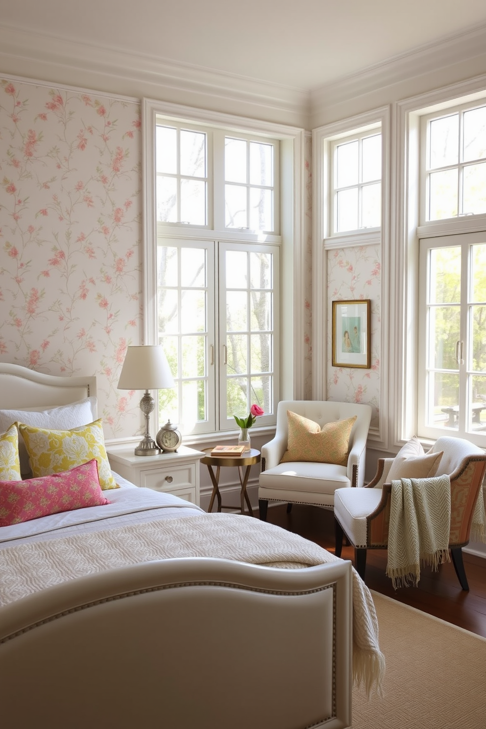 A serene spring bedroom that features a statement piece of furniture, such as a beautifully upholstered bed with a soft pastel color. The walls are adorned with light floral wallpaper, and large windows allow natural light to flood the space, enhancing the fresh ambiance. A cozy reading nook is created with a stylish armchair and a small side table, perfect for enjoying a book on a sunny afternoon. Decorative pillows in cheerful colors and a lightweight throw blanket add comfort and warmth to the overall design.