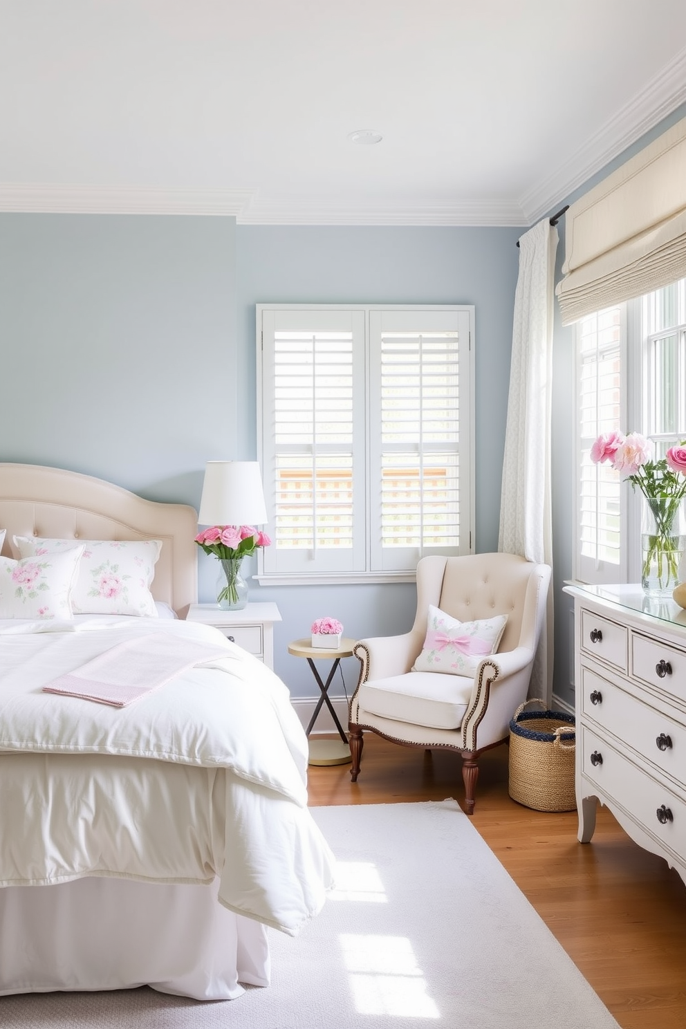 A serene spring bedroom setting. The room features a soft pastel color palette with floral accents, creating a fresh and inviting atmosphere. A statement pendant light fixture hangs gracefully from the ceiling, casting a warm glow over the space. The bed is adorned with a light quilt and an array of patterned pillows, complemented by a cozy reading nook by the window.