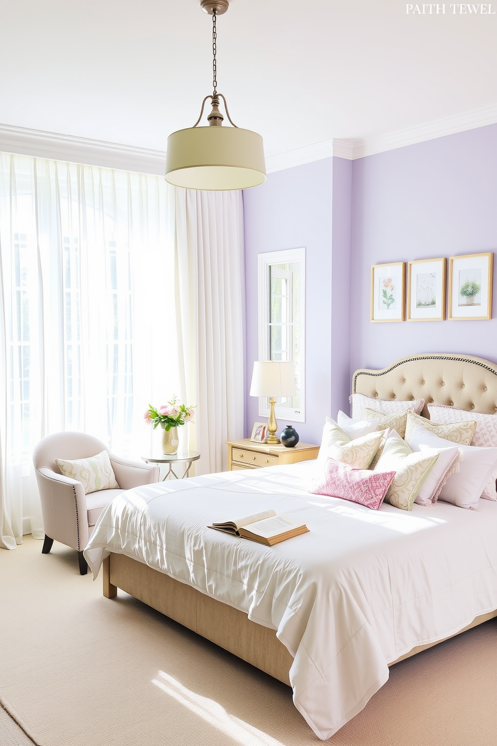 A bright and airy bedroom filled with natural light. The space features a large window dressed with sheer white curtains, allowing sunlight to flood in and illuminate the room. The focal point is a plush king-sized bed adorned with pastel-colored bedding and an assortment of decorative pillows. A stylish pendant light hangs above the bed, providing a warm glow that enhances the inviting atmosphere. The walls are painted in a soft lavender hue, creating a calming backdrop. A cozy reading nook is set up in one corner with a comfortable armchair and a small side table, perfect for enjoying a book on a sunny day. Fresh flowers in a vase sit on the bedside table, adding a touch of nature to the decor. A few framed art pieces in light frames are arranged above the bed, completing the serene and cheerful ambiance of the spring-inspired bedroom.