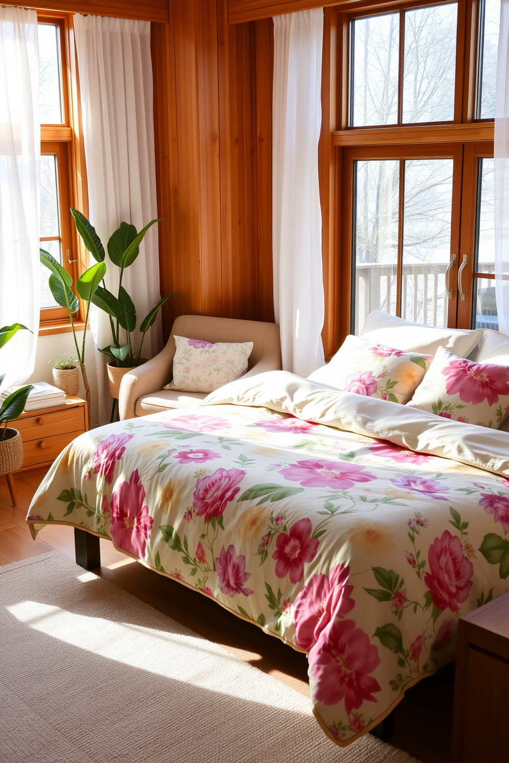 A serene bedroom setting featuring a soft pastel color palette. The bed is adorned with fluffy white linens and decorative pillows in shades of blush and lavender, creating a cozy and inviting atmosphere. On the nightstands, decorative trays hold essential items like books and candles, adding to the organized aesthetic. A large window allows natural light to flood the room, with sheer curtains fluttering gently in the breeze.