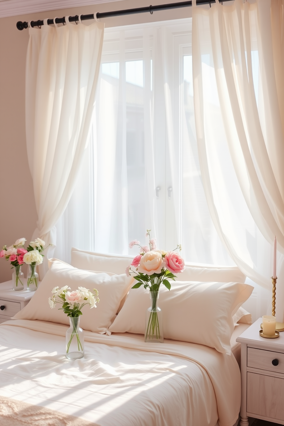 A serene spring bedroom setting filled with natural light. The bed is adorned with soft pastel linens and surrounded by fresh flowers in delicate vases. On the nightstands, scented candles emit a fresh aroma, enhancing the tranquil atmosphere. Light, airy curtains flutter gently in the breeze, creating a peaceful retreat.