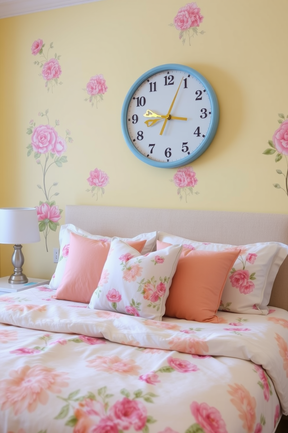 A cheerful bedroom setting that embodies the essence of spring. The walls are painted in a soft pastel yellow, adorned with floral wallpaper accents that bring warmth and vibrancy. A cozy bed is dressed in light, airy linens featuring a floral pattern, complemented by plush throw pillows in coordinating colors. A cheerful wall clock with a bright design hangs above the bed, adding a playful touch to the room.