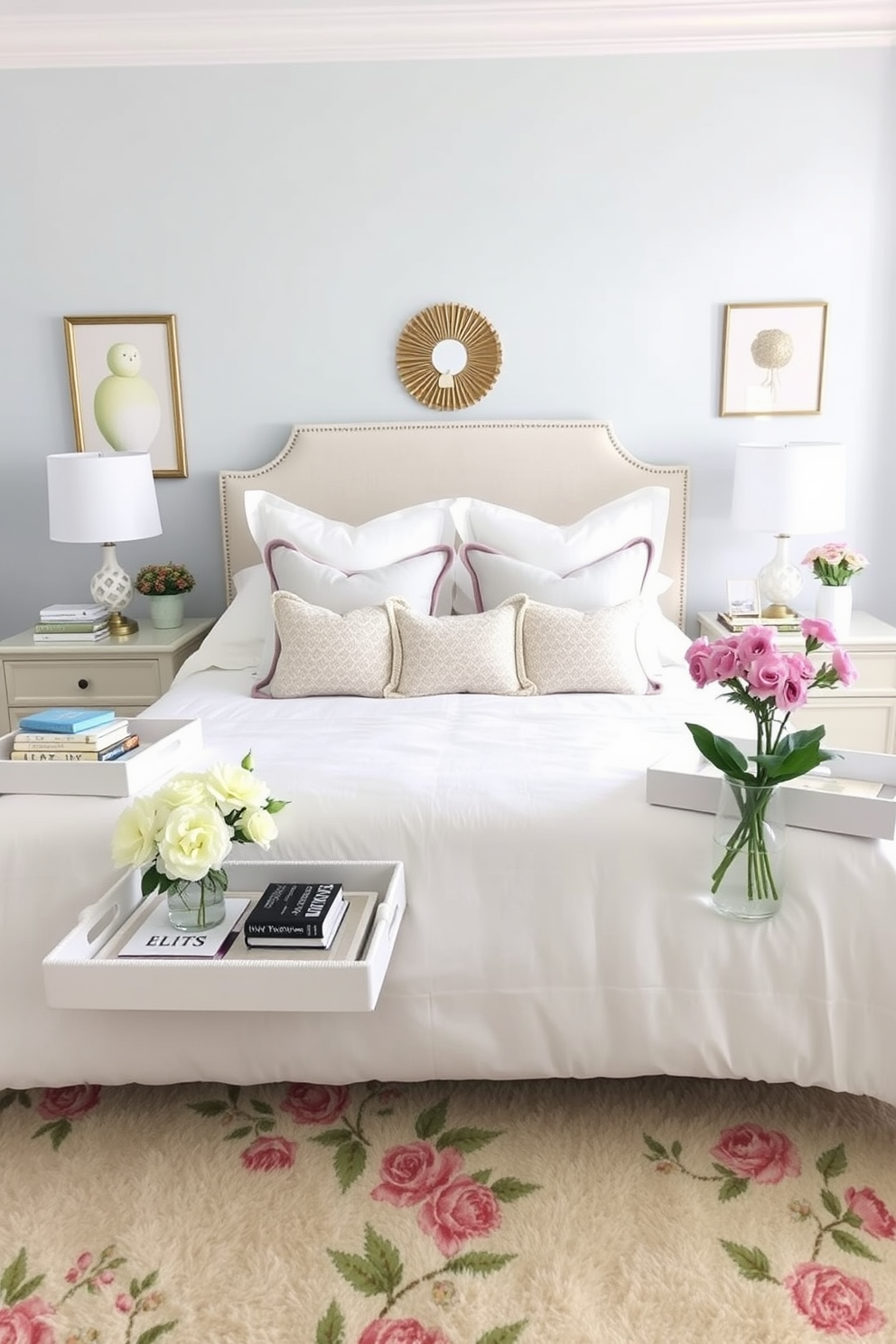 A serene spring bedroom featuring a soft pastel color palette with light blue walls and crisp white bedding. Decorative trays are used on the nightstands to organize books and personal items, adding a touch of elegance and functionality. The room includes a plush area rug in a floral pattern, complementing the spring theme. Fresh flowers in decorative trays bring a refreshing touch, creating a cozy and inviting atmosphere.