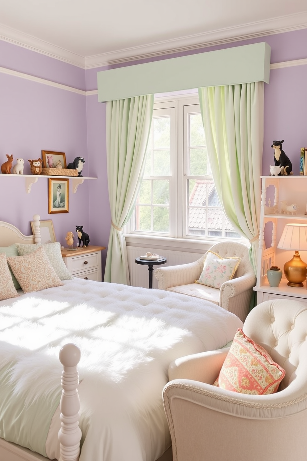 A bright and cheerful bedroom filled with playful animal figurines. The bed is adorned with pastel-colored linens and a fluffy white duvet, while whimsical animal sculptures are placed on the nightstands and shelves. The walls are painted in a soft lavender hue, complemented by light green curtains that flutter gently in the breeze. A cozy reading nook is created with a plush armchair and a small side table, featuring a cute animal-themed lamp for added charm.