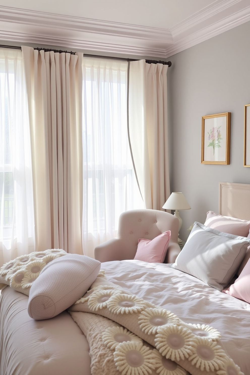 A serene bedroom setting infused with spring vibes. The bed is adorned with soft white linens and a plush quilt, while vibrant floral throw pillows add a pop of color and cheer. Natural light floods the room through sheer curtains, illuminating a cozy reading nook with a comfortable armchair. A small side table holds a vase of fresh flowers, enhancing the refreshing atmosphere of the space.