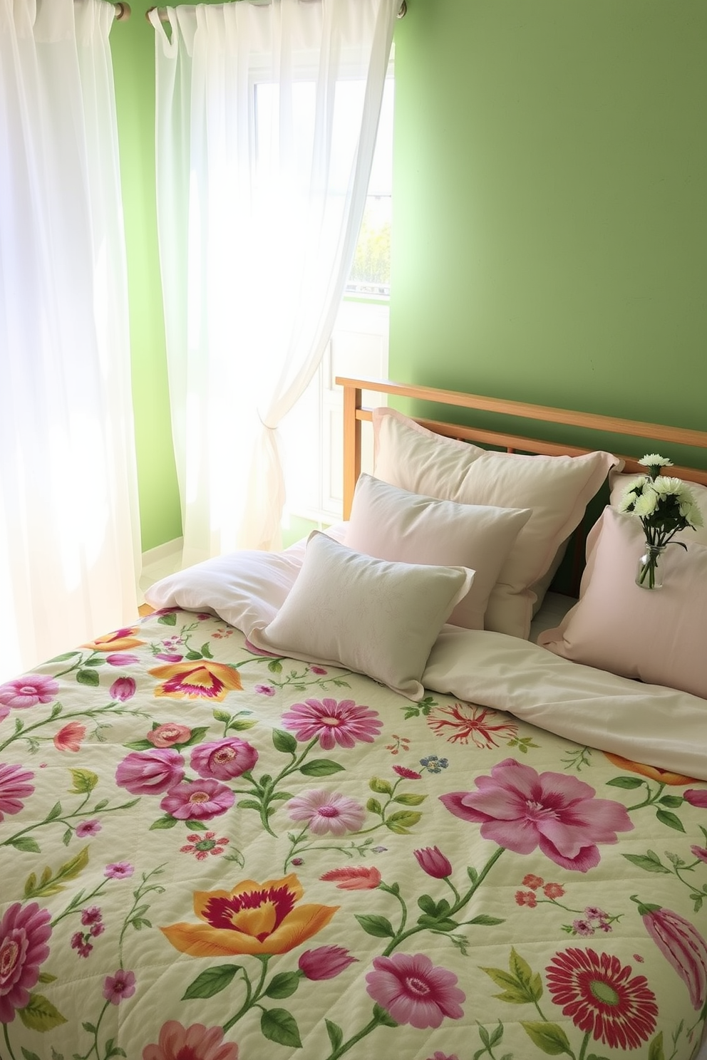 A cozy bedroom setting filled with spring vibes. The bed is adorned with a vibrant spring-themed quilt featuring floral patterns, complemented by soft pastel pillows. Natural light pours in through sheer white curtains, illuminating the room's fresh green walls. A bedside table holds a small vase with fresh flowers, adding a touch of nature to the decor.