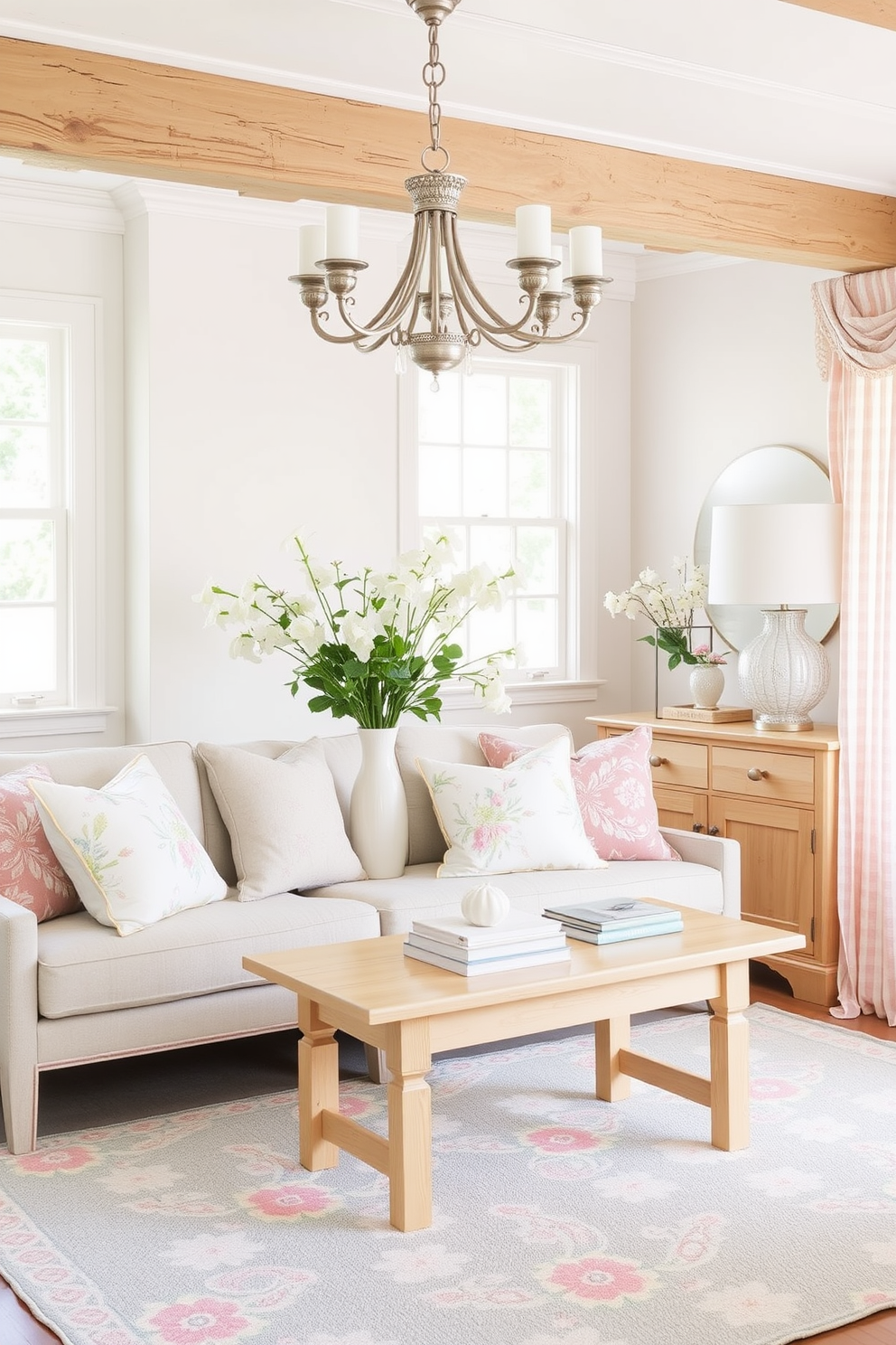 A cozy spring bedroom filled with vintage charm. A wrought iron bed with a floral quilt is centered against a soft pastel wall, complemented by mismatched nightstands adorned with antique lamps. A vintage dresser with ornate detailing sits against one wall, showcasing a collection of framed family photos. Fresh flowers in a ceramic vase bring a touch of nature indoors, while a woven basket holds cozy throws for added warmth.