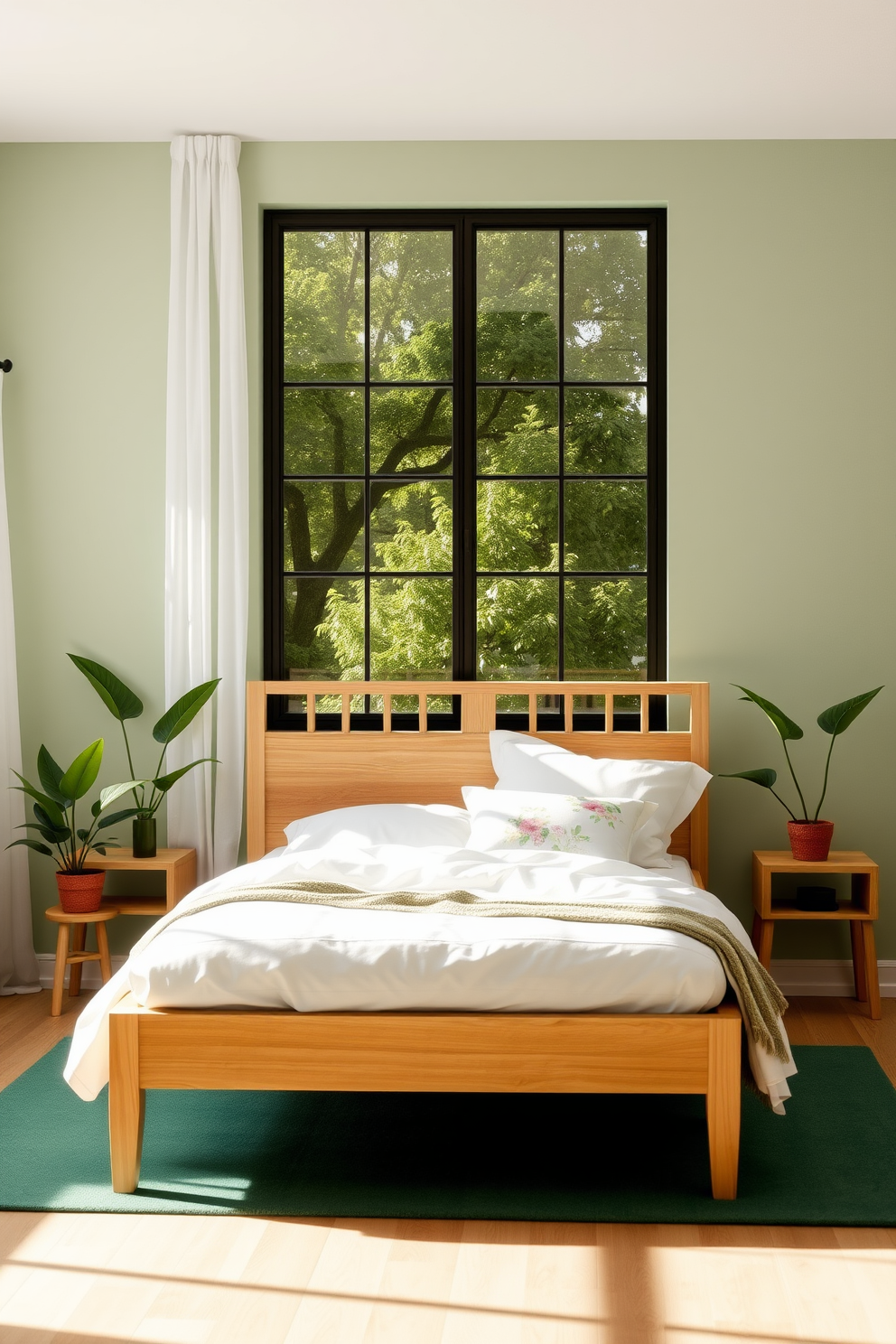 A serene bedroom setting inspired by nature. Soft green walls complement a light wood bed frame adorned with crisp white linens and pastel floral accents. A large window allows natural light to flood the space, framed by sheer curtains that gently sway with the breeze. Potted plants are placed on either side of the bed, adding a refreshing touch and enhancing the tranquil atmosphere.