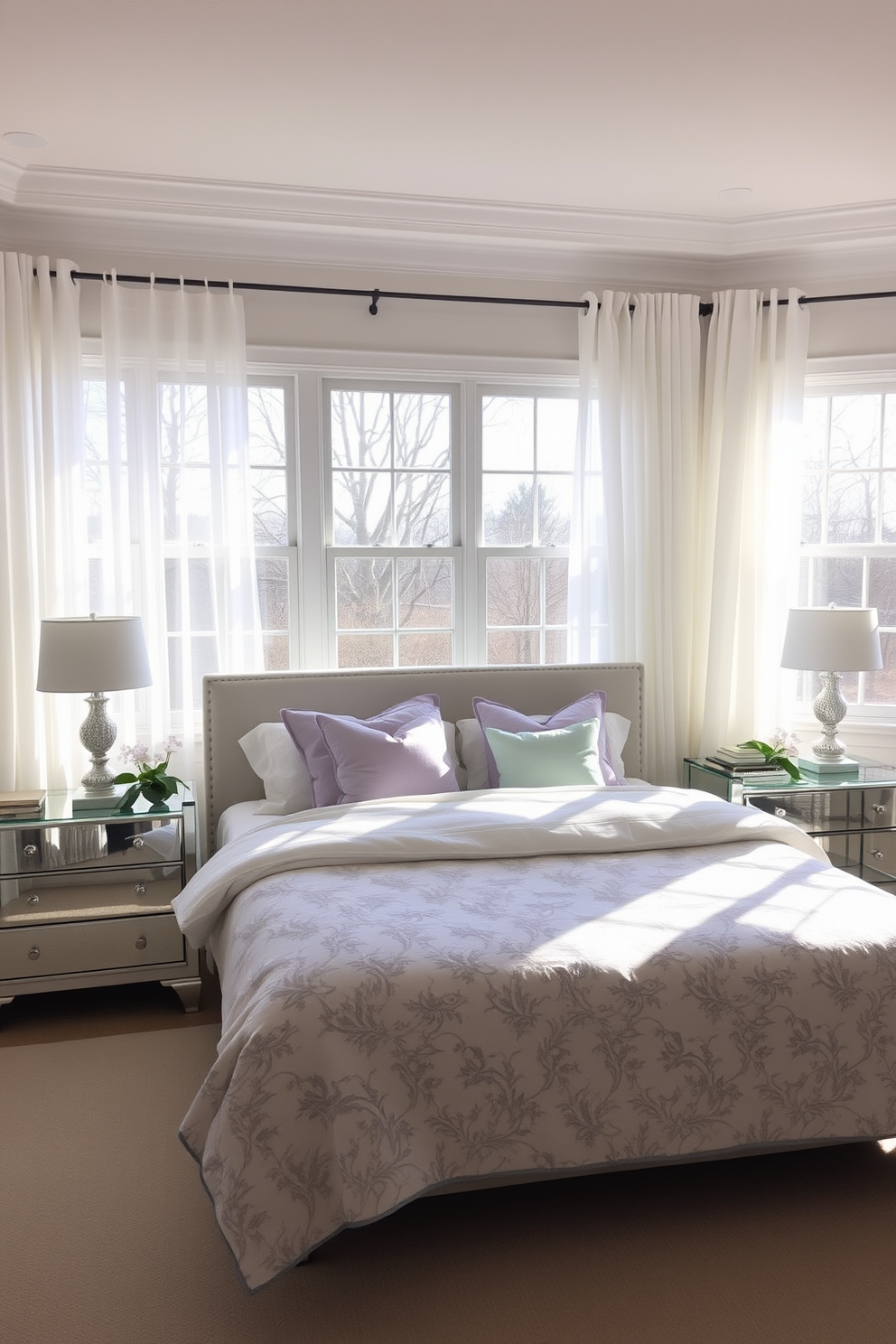 A serene spring bedroom filled with natural light. Large windows draped with sheer white curtains allow sunlight to flood the space, illuminating the soft pastel colors of the decor. A plush bed is adorned with a light floral duvet and fluffy pillows in shades of lavender and mint. On either side of the bed, elegant mirrored nightstands reflect the light, enhancing the airy feel of the room.