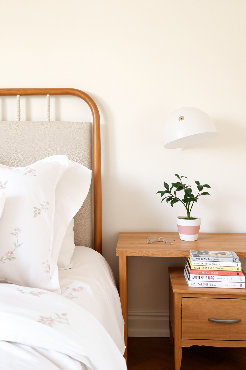 A serene spring bedroom setting with soft pastel colors. The bed is adorned with light floral bedding and plush pillows, creating a cozy atmosphere. A wooden nightstand sits beside the bed, topped with a stylish lamp and a stack of books. A small indoor plant adds a touch of freshness to the space, enhancing the overall tranquility of the room.