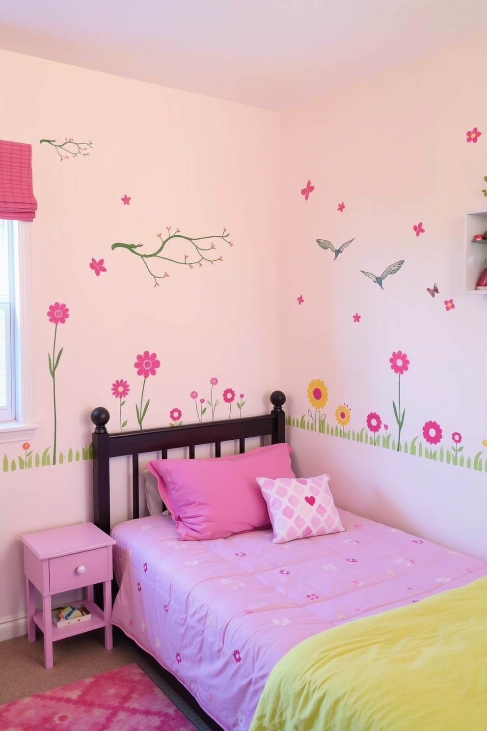 A vibrant spring bedroom adorned with playful decorative wall decals. The walls are painted in a soft pastel color, creating a cheerful backdrop for the whimsical designs.