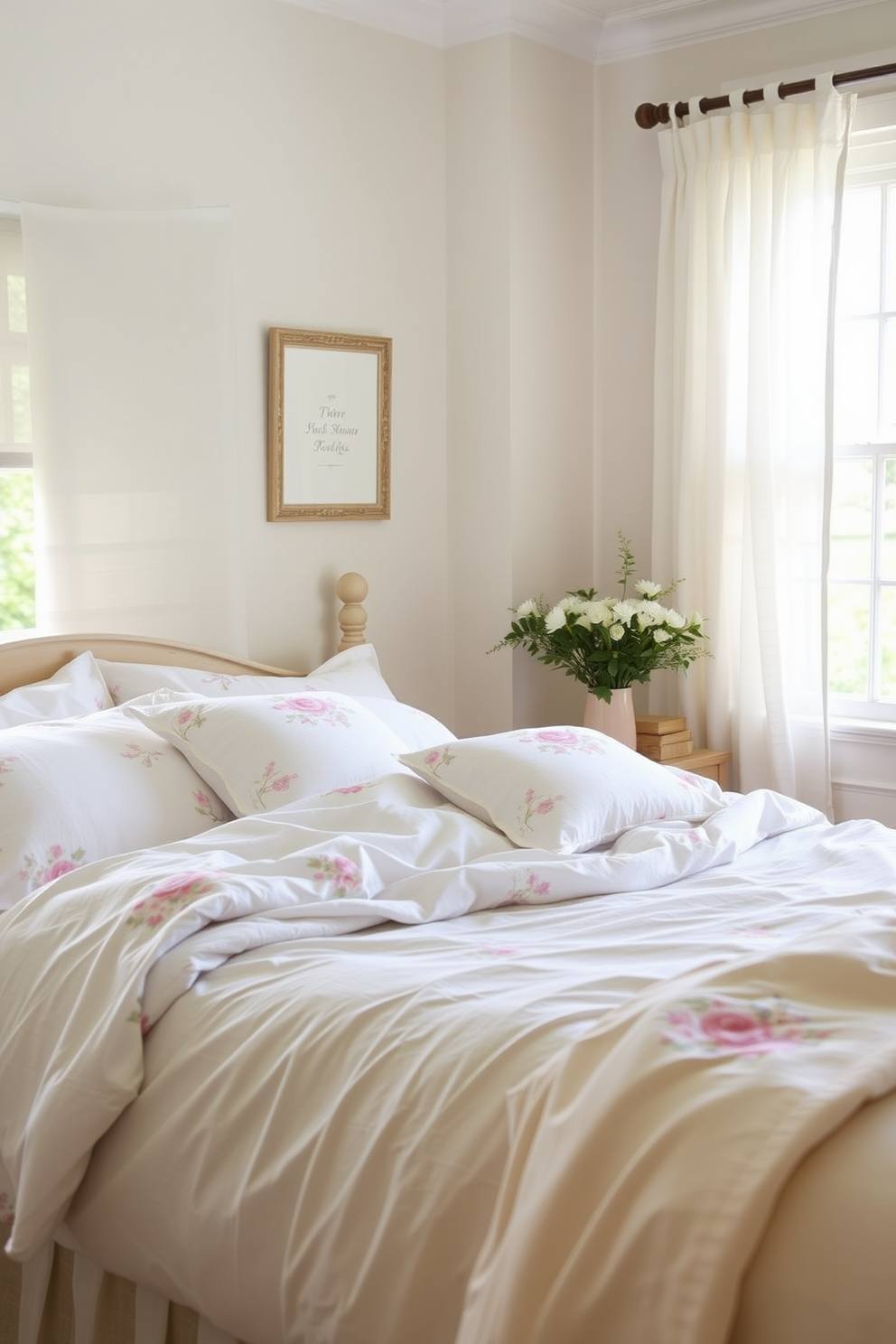 Create a serene spring bedroom that features lightweight bedding made of cotton and linen. The color palette includes soft pastels with floral patterns, complemented by airy curtains that gently filter sunlight.