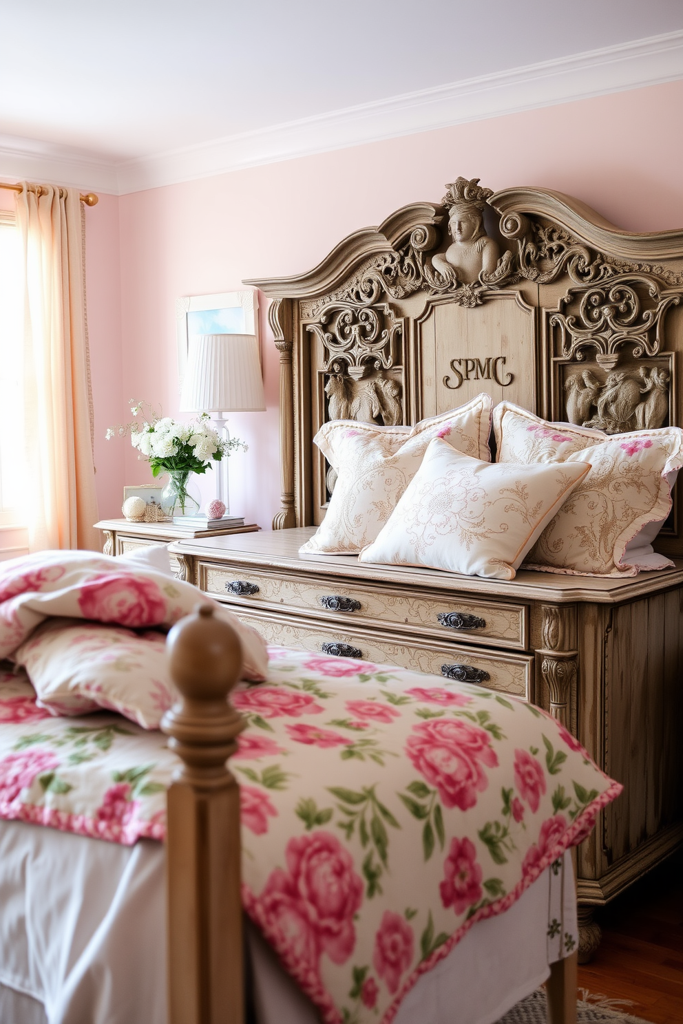 A charming spring bedroom featuring a vintage dresser with intricate carvings and a distressed finish. Soft pastel colors adorn the walls, while a cozy quilt in floral patterns drapes over the bed, complemented by plush pillows.