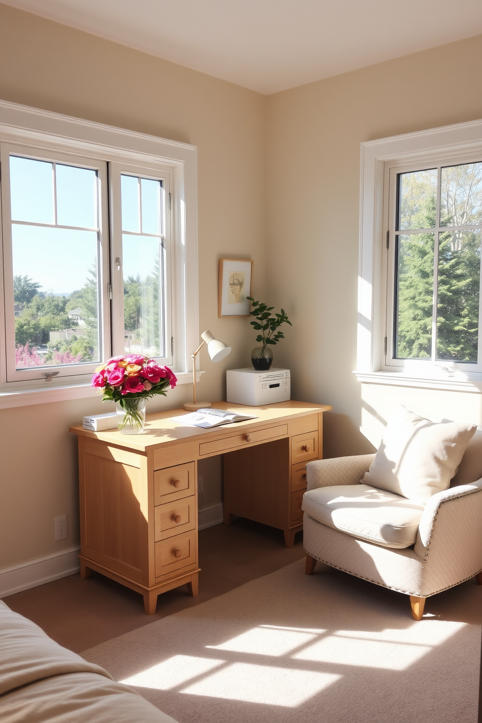 A cheerful bedroom workspace features a light wood desk adorned with a vibrant floral arrangement. Sunlight streams in through large windows, illuminating soft pastel-colored walls and a cozy reading nook with a plush chair.