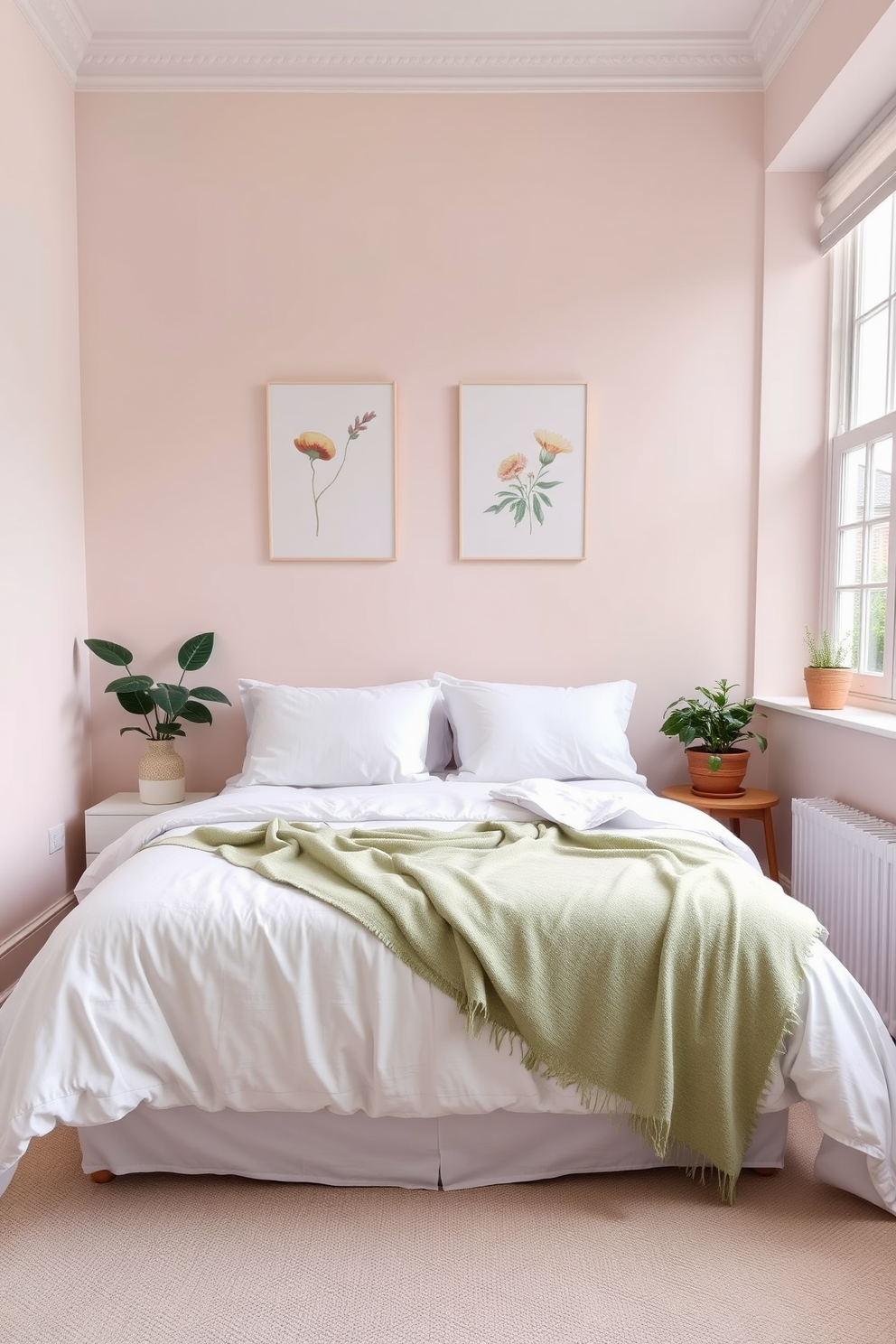 A serene bedroom featuring soft pastel hues with botanical prints adorning the walls. The bed is dressed in crisp white linens with a light green throw blanket, while potted plants sit on either side of the window, adding a touch of nature.