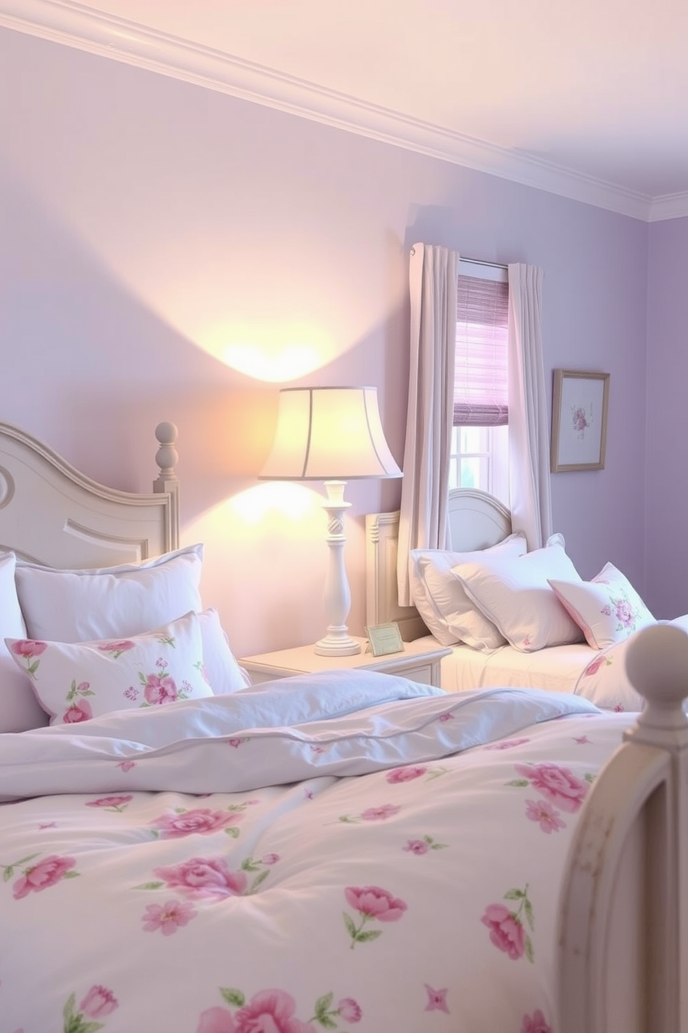 A serene spring bedroom setting featuring pastel-colored lamps that provide soft, warm lighting. The walls are painted in a light lavender hue, complemented by white bedding adorned with floral patterns.