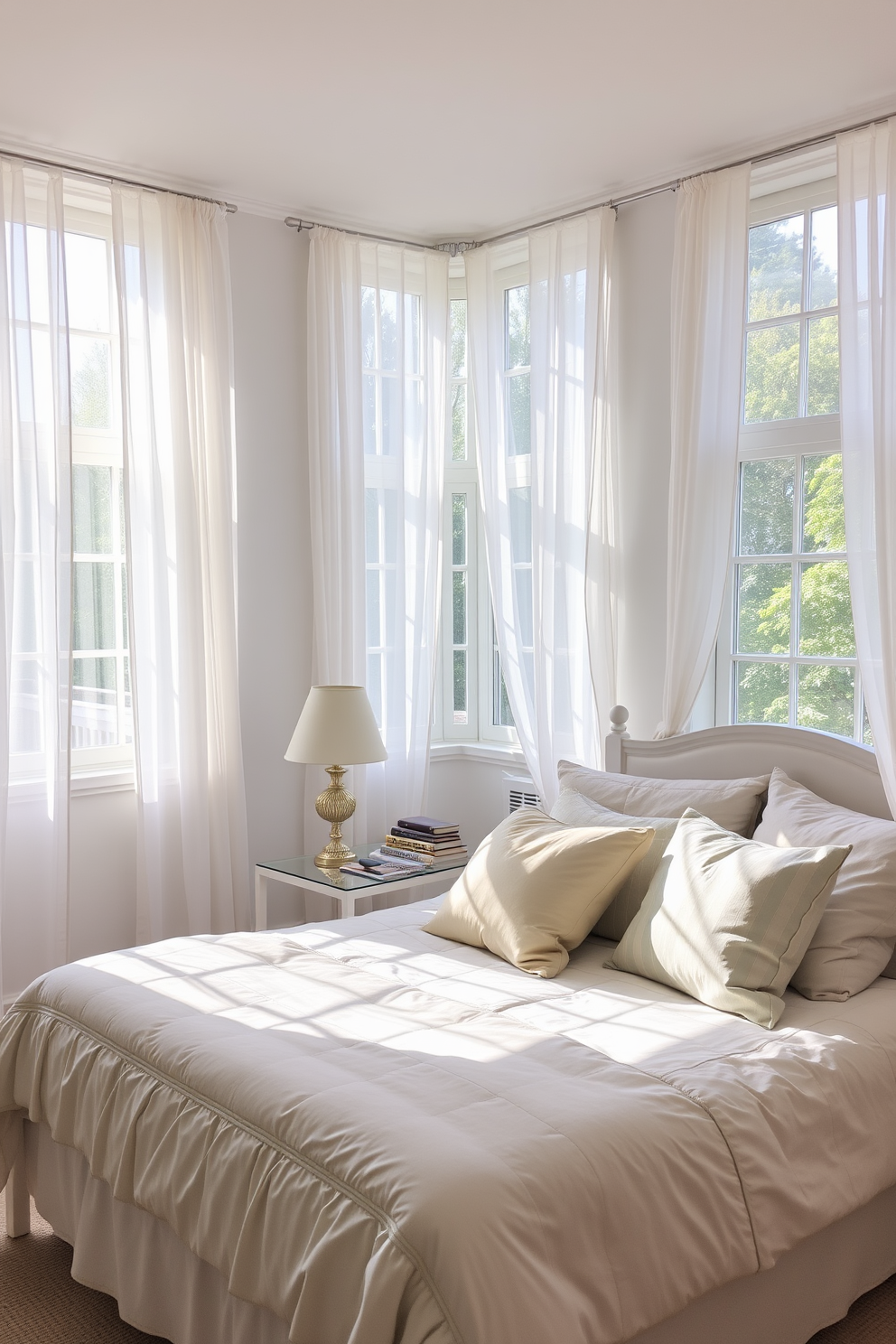 A bright and airy bedroom with soft pastel walls and large windows allowing natural light to flood the space. The bed is dressed in crisp white linens with colorful throw pillows that add a pop of color. In the center of the room, a vibrant area rug with floral patterns brings warmth and texture to the hardwood floor. A stylish bedside table holds a modern lamp, and a collection of potted plants adds a touch of greenery to the decor.