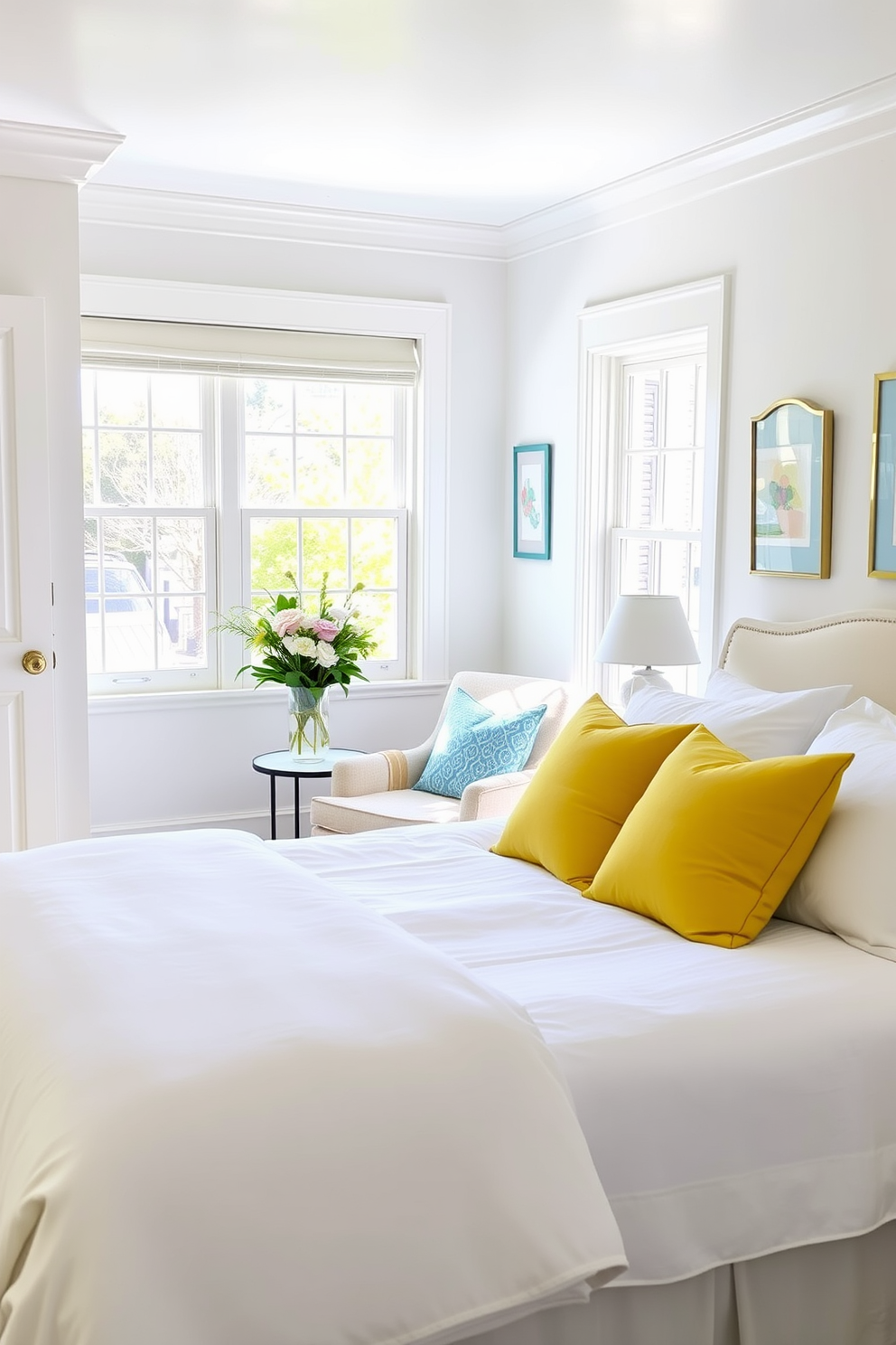 A bright and airy bedroom filled with natural light. Each nightstand features a beautiful arrangement of fresh flowers in elegant vases, adding a touch of color and vibrancy to the space. The bedding is light and inviting, with soft pastel colors reflecting the essence of spring. A delicate floral print adorns the curtains, complementing the fresh flower displays and enhancing the overall decor.