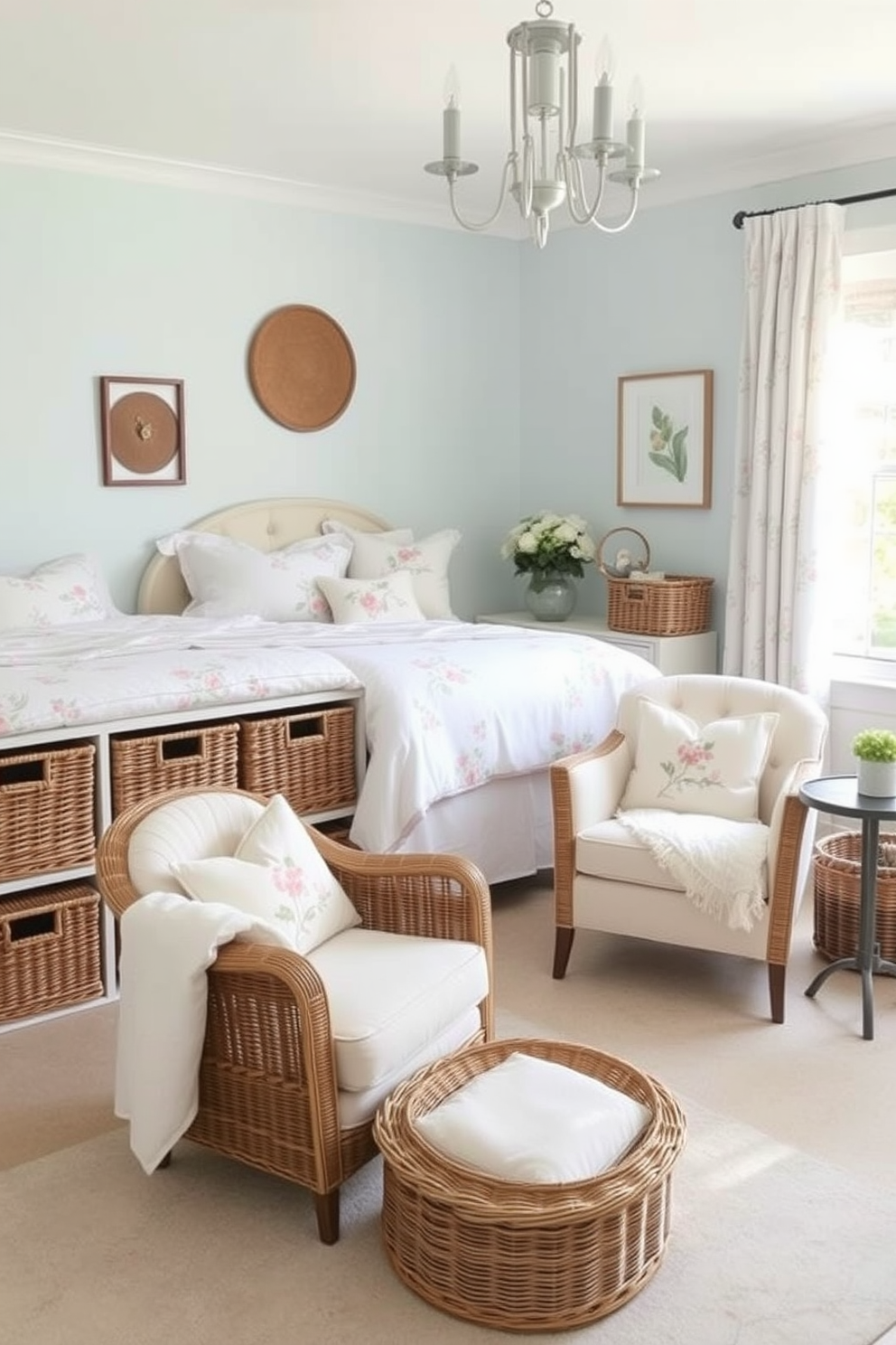 A serene spring bedroom setting. The room features a soft pastel color palette with light blue walls and white bedding adorned with floral patterns. Wicker baskets are used for storage solutions, adding a natural touch to the decor. A cozy reading nook with a plush armchair and a small side table completes the inviting atmosphere.