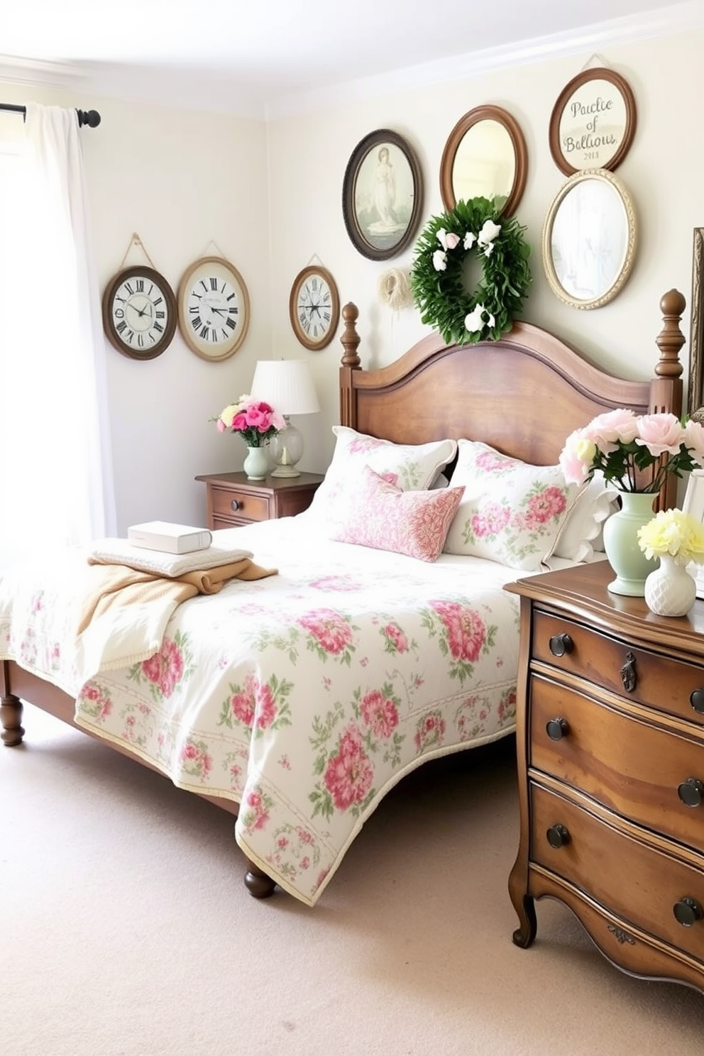 A cozy bedroom adorned with vintage spring decor items. Floral-patterned quilts drape over the bed, complemented by pastel-colored throw pillows arranged neatly. Antique wooden furniture adds charm, with a weathered dresser showcasing delicate ceramic vases filled with fresh blooms. Soft, natural light filters through sheer curtains, creating a warm and inviting atmosphere.