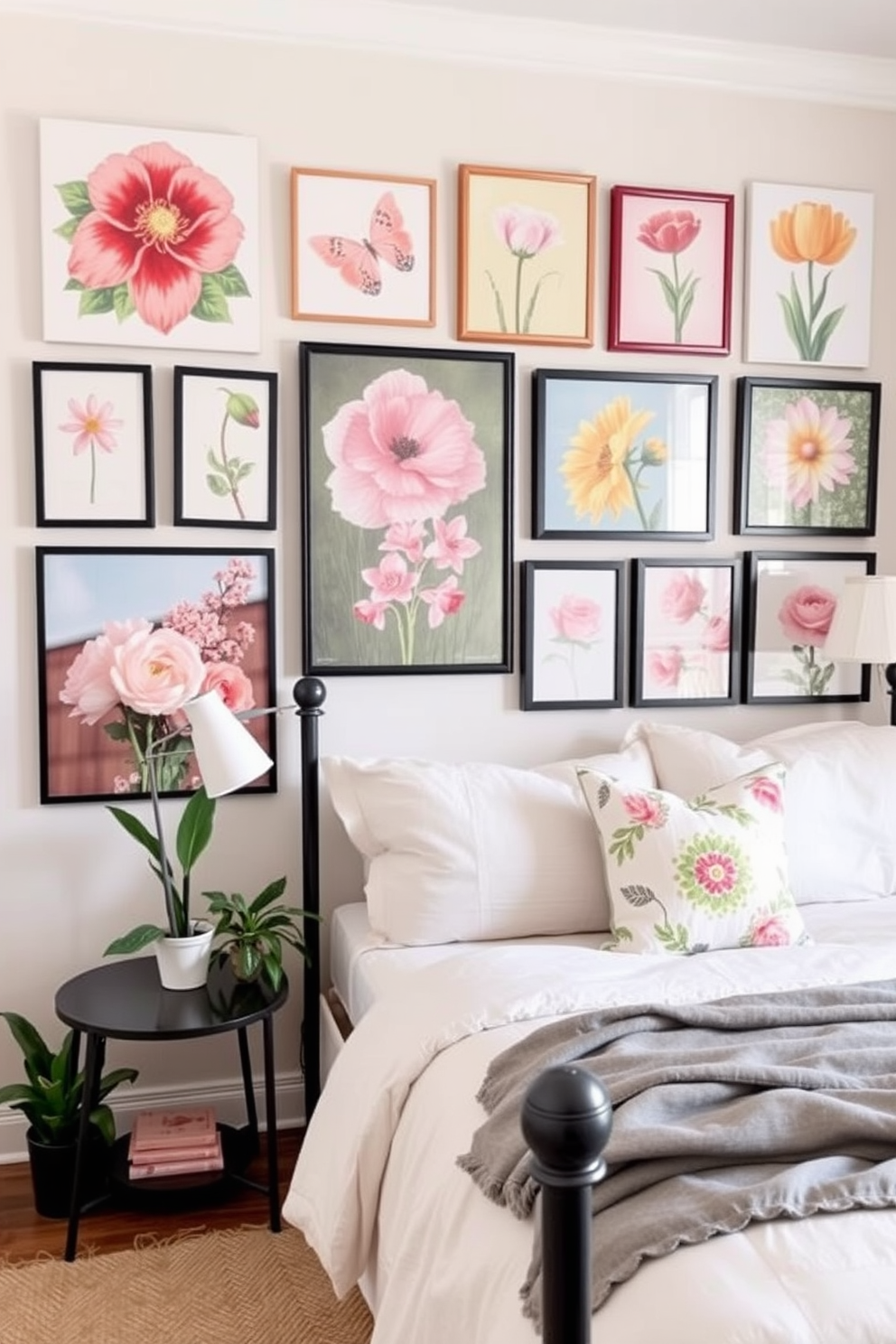 A serene bedroom adorned with botanical prints on the walls, creating a fresh and vibrant atmosphere. The bedding features soft pastel colors, complemented by decorative pillows with floral patterns.