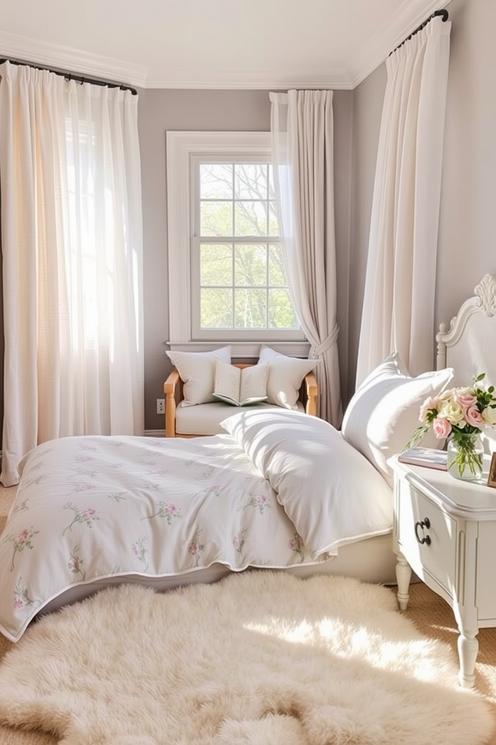 A serene spring bedroom setting featuring a soft pastel color palette. The bed is adorned with a plush quilt and an array of decorative pillows in varying textures. Natural light floods the room through sheer curtains, illuminating a cozy reading nook with a comfortable armchair and a small side table. A woven rug adds warmth to the hardwood floor, while potted plants bring a touch of nature indoors.