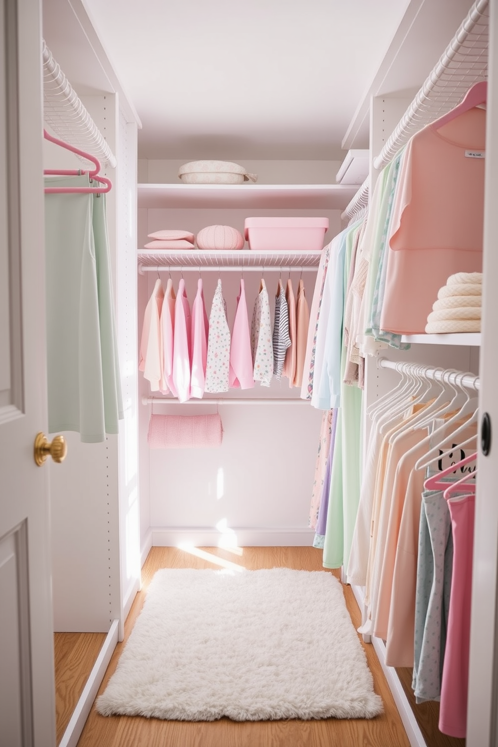 A bright and cheerful closet filled with pastel colored hangers in shades of pink, blue, and mint green. The walls are painted in a soft white, creating a fresh and airy atmosphere that enhances the spring theme. Delicate floral patterns adorn the shelves, adding a touch of whimsy and charm. A cozy rug in a light pastel hue lies on the floor, inviting you to step inside and enjoy the organized space.