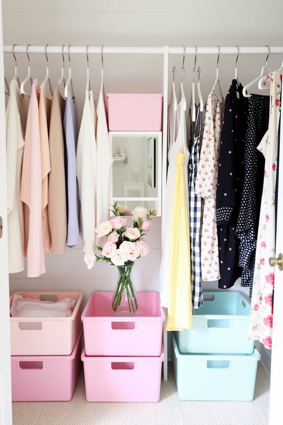 A bright and airy spring closet featuring pastel-colored storage bins and floral-patterned hangers. The walls are painted in soft white, and a large mirror reflects the organized space filled with lightweight sweaters and summer dresses. Incorporate a seasonal rotation system by designating one side for winter clothing and the other for spring attire. Freshly bloomed flowers in a small vase add a touch of nature to the closet, creating an inviting atmosphere.