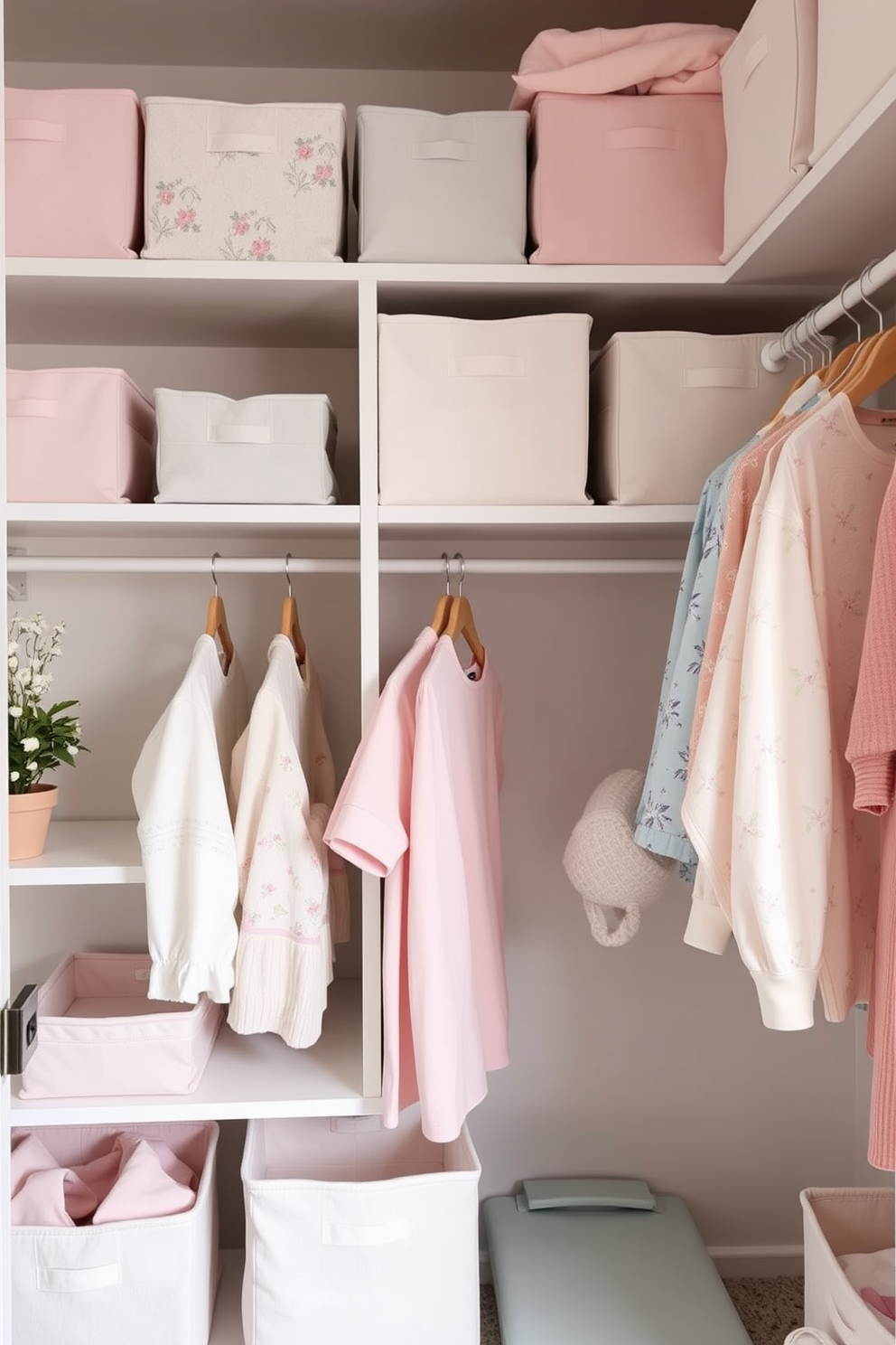 A bright and airy closet filled with fabric storage cubes in soft pastel colors. The cubes are neatly arranged on open shelves, adding a touch of warmth and organization to the space. Delicate floral patterns adorn some of the cubes, complementing the fresh spring theme. Light wooden hangers display a variety of spring outfits, while a small potted plant adds a natural element to the decor.