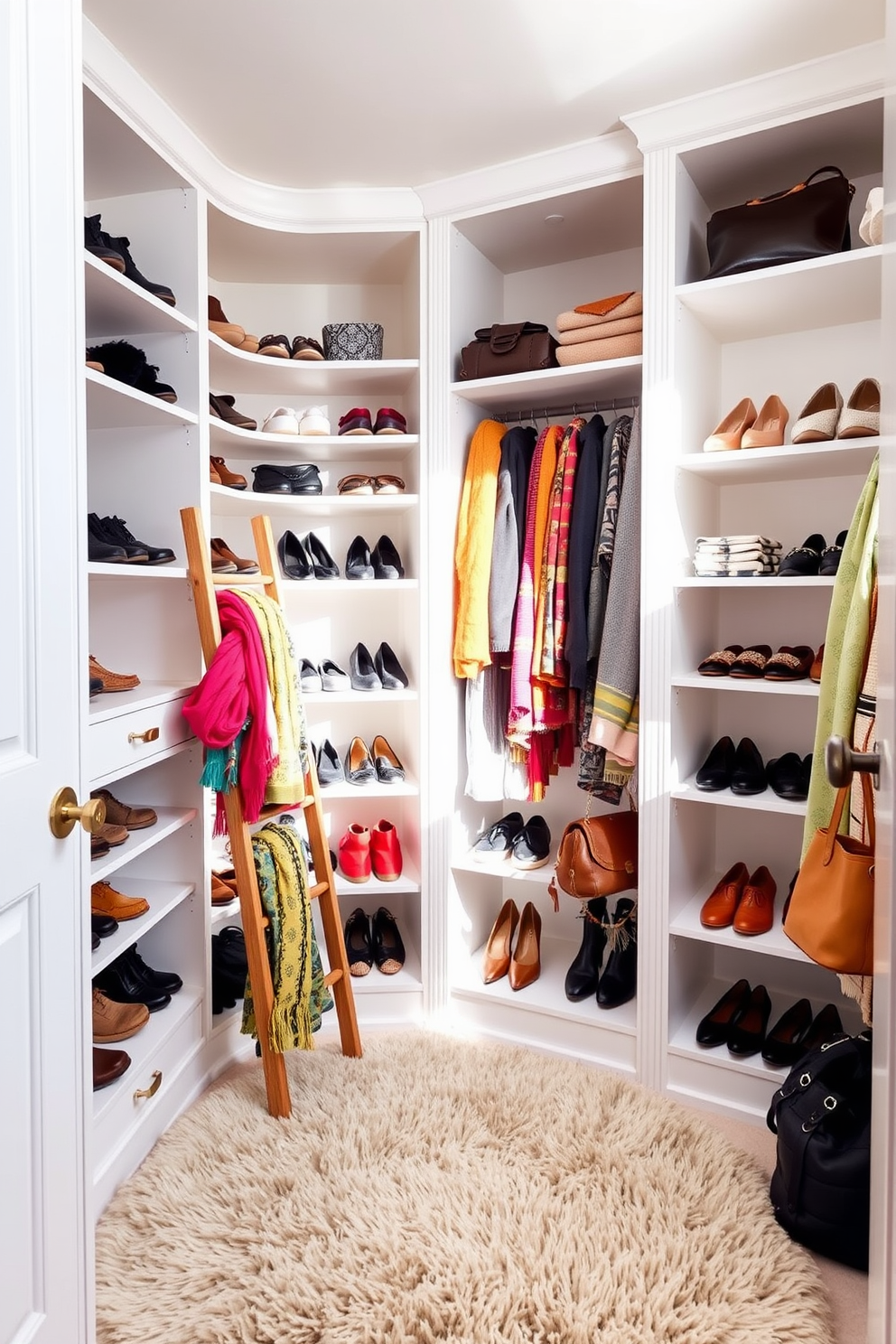 A bright and inviting closet space filled with seasonal spring colors. The walls are painted in a soft pastel hue, and the shelving is organized with neatly folded sweaters and vibrant accessories. A cheerful rug with floral patterns adds warmth and a touch of whimsy to the floor. Elegant hangers display a curated selection of light, airy dresses and blouses, creating an inviting atmosphere.