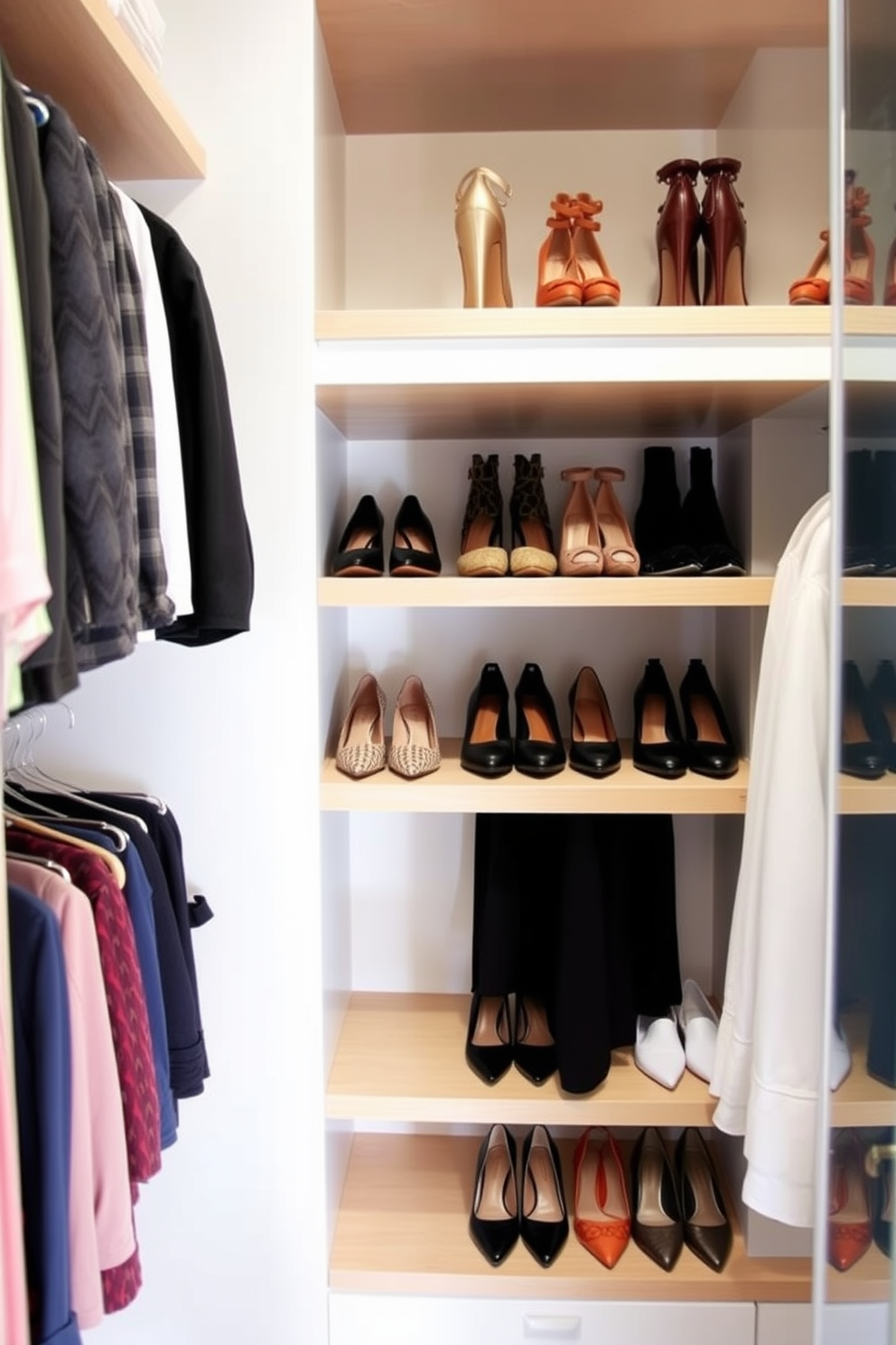 A bright and airy spring closet filled with neatly organized clothing and accessories. Soft pastel colors dominate the space, with floral-patterned bins for storage and hanging baskets for smaller items. Decorative labels in elegant script identify each section, such as shoes, bags, and seasonal wear. A full-length mirror reflects the light from a nearby window, enhancing the cheerful atmosphere of the closet.