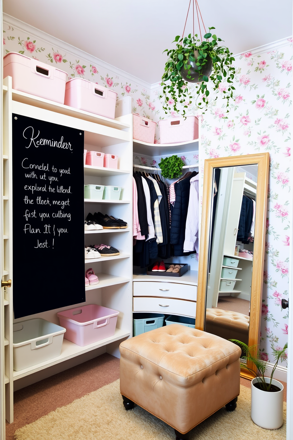 A bright and airy closet space featuring a large chalkboard mounted on the wall for reminders and inspirational quotes. The shelves are neatly organized with pastel-colored bins, and a stylish full-length mirror stands in one corner reflecting the cheerful decor. Soft floral wallpaper adorns the walls, adding a touch of springtime charm to the closet. A cozy seating area with a plush ottoman invites you to sit and plan outfits, while hanging plants bring a refreshing greenery to the space.