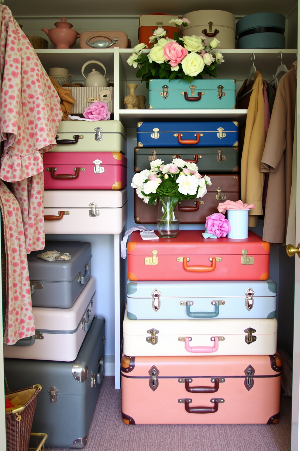 A charming spring closet filled with vintage suitcases used as stylish storage solutions. The suitcases are stacked creatively, showcasing various colors and patterns, while the closet is adorned with fresh flowers and pastel accents.