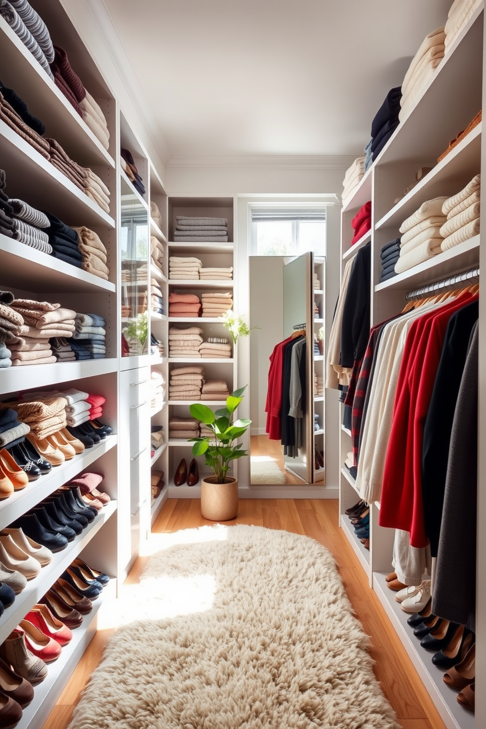 Create a cozy reading nook in the closet with a plush armchair upholstered in soft fabric. Add a small side table beside the chair for books and a warm lamp, and line the shelves with neatly arranged books and decorative boxes. Incorporate soft lighting to create an inviting atmosphere, and use a colorful throw blanket draped over the chair for added comfort. Finish the look with a few personal touches, such as framed photos or small plants on the shelves.