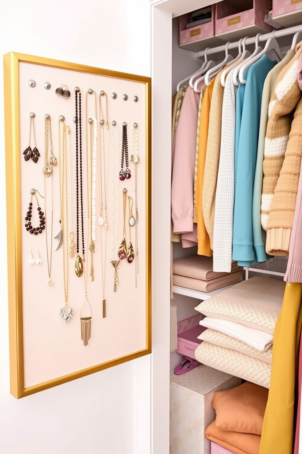 A stylish jewelry display board featuring an assortment of necklaces, bracelets, and earrings elegantly arranged. The board is framed in a sleek gold finish, with soft fabric backing in a pastel color to enhance the sparkle of the jewelry. A fresh spring closet decorated with pastel-colored hangers and floral-patterned storage boxes. The shelves are organized with neatly folded sweaters and vibrant scarves, creating a cheerful and inviting atmosphere.