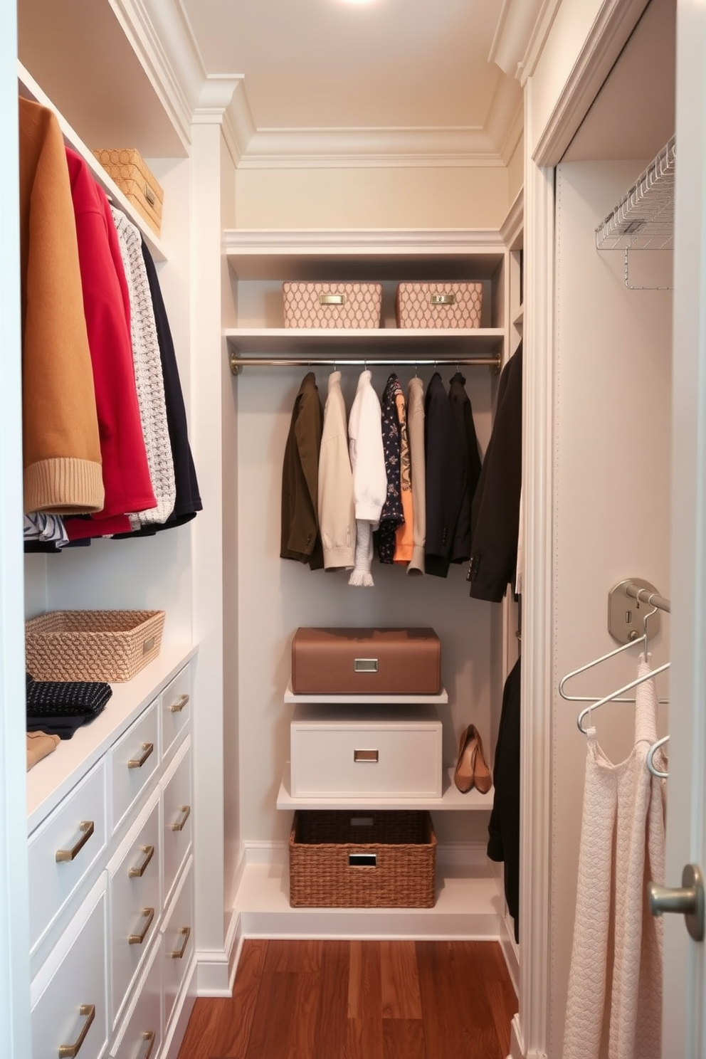 A serene closet interior painted in a soft pastel hue creates a calming atmosphere. Shelves are neatly organized with seasonal clothing and accessories, enhancing the overall aesthetic. Incorporate decorative storage boxes and elegant hangers for a cohesive look. Soft lighting highlights the beauty of the space, making it both functional and inviting.