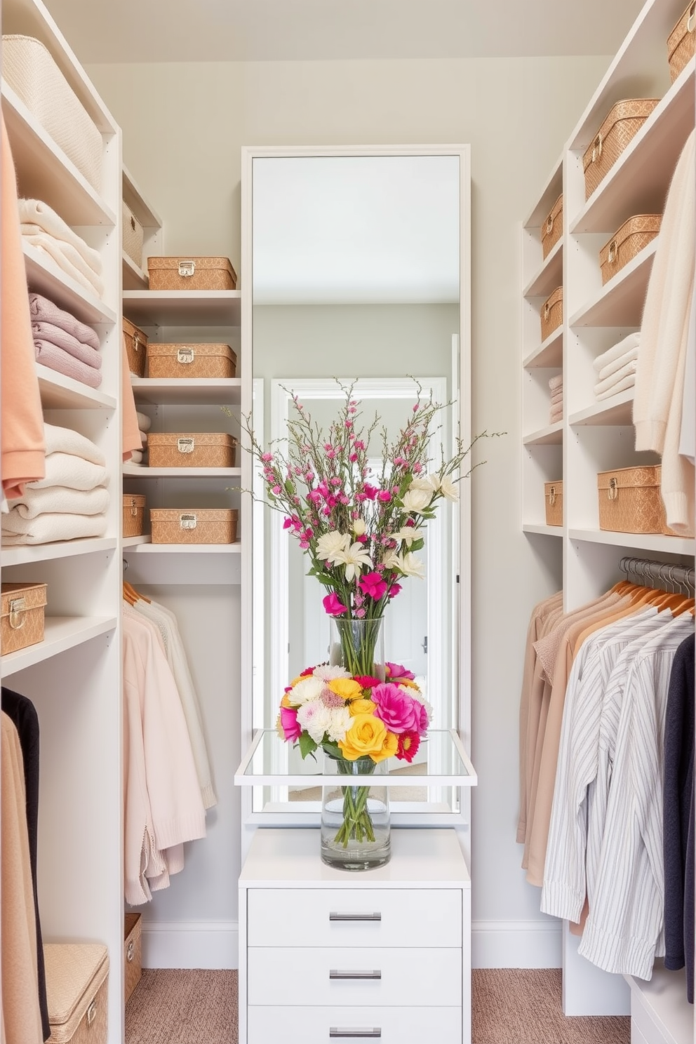 A stylish spring closet featuring tall, open shelves that maximize vertical space. The shelves are adorned with neatly folded pastel-colored sweaters and decorative storage boxes, creating an organized yet inviting atmosphere. A large mirror is mounted on the back wall to enhance the sense of space and light. Fresh flowers in a vibrant vase are placed on a small shelf, adding a touch of seasonal charm to the closet design.